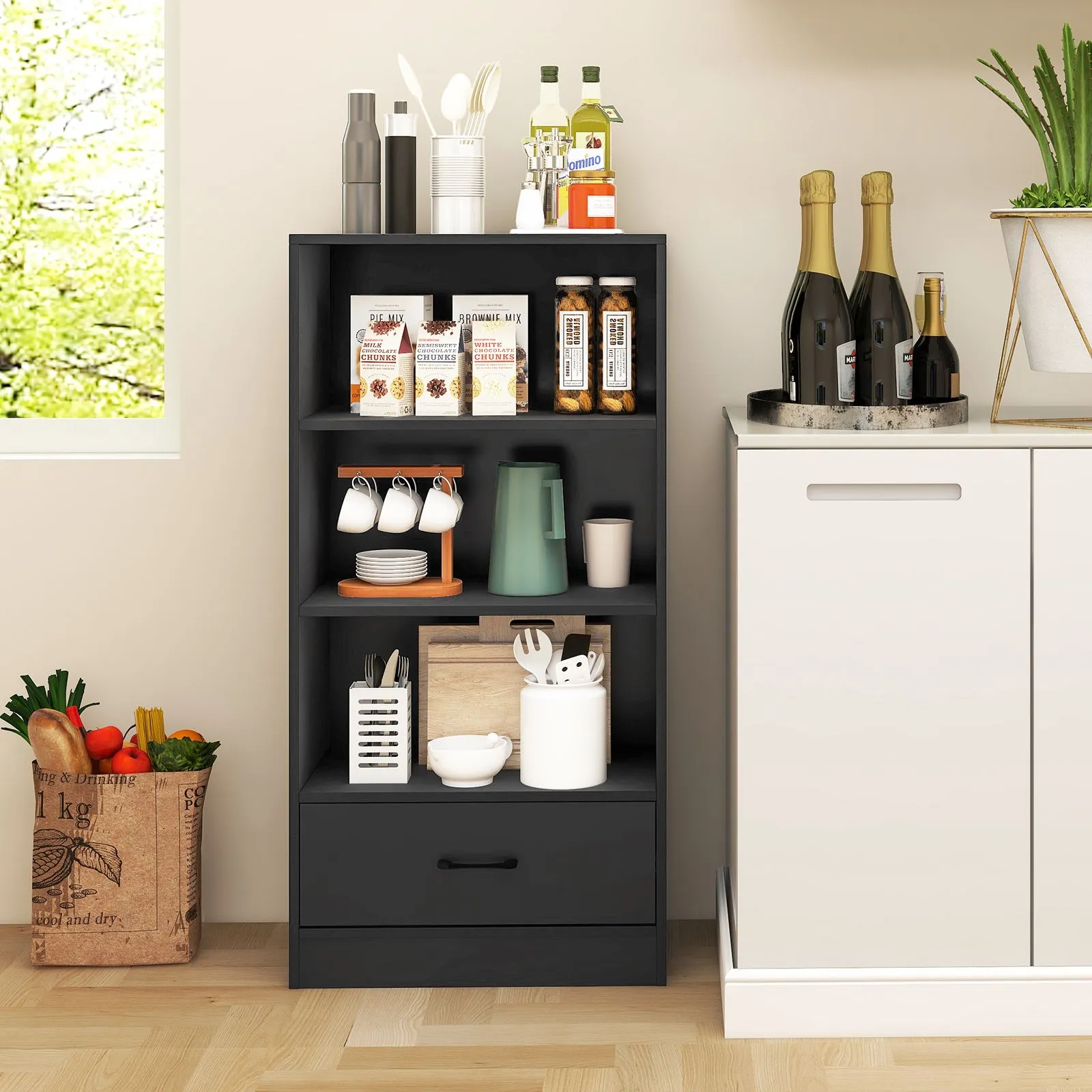Costway 4 Tiers Storage Shelf Wood Bookcase Floor Standing Display Shelf with Drawer in Grey 5