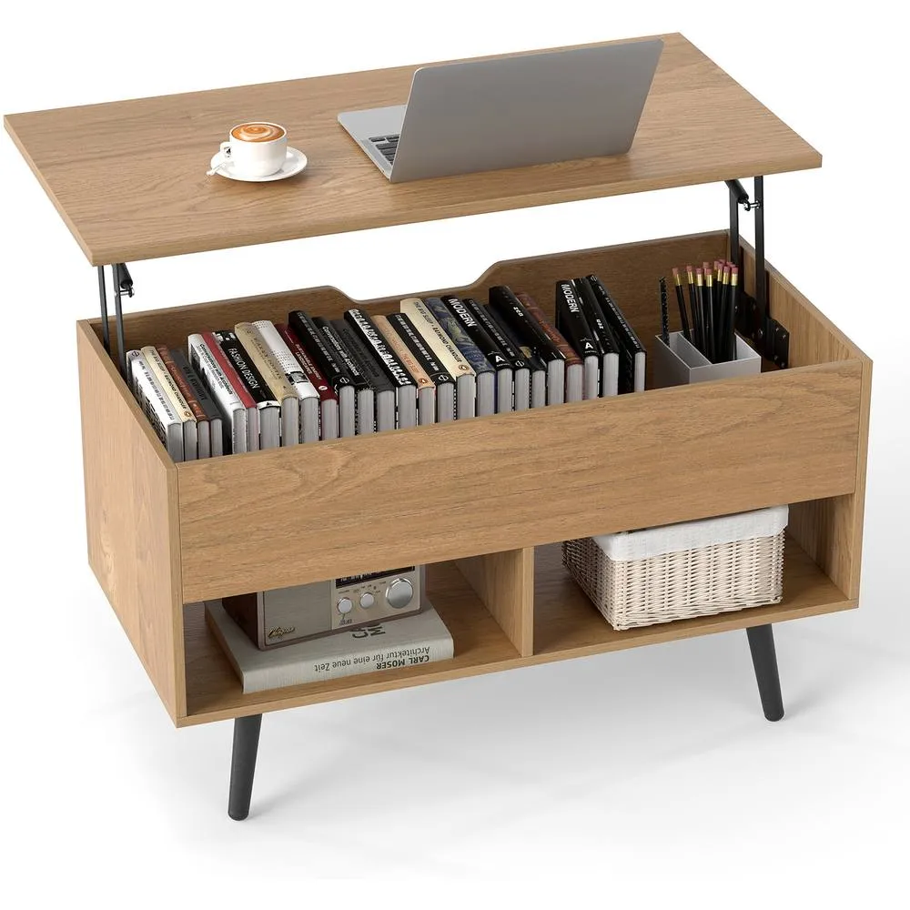Costway Lift Top Coffee Table Mid Century Accent Shelves-Natural in Natural