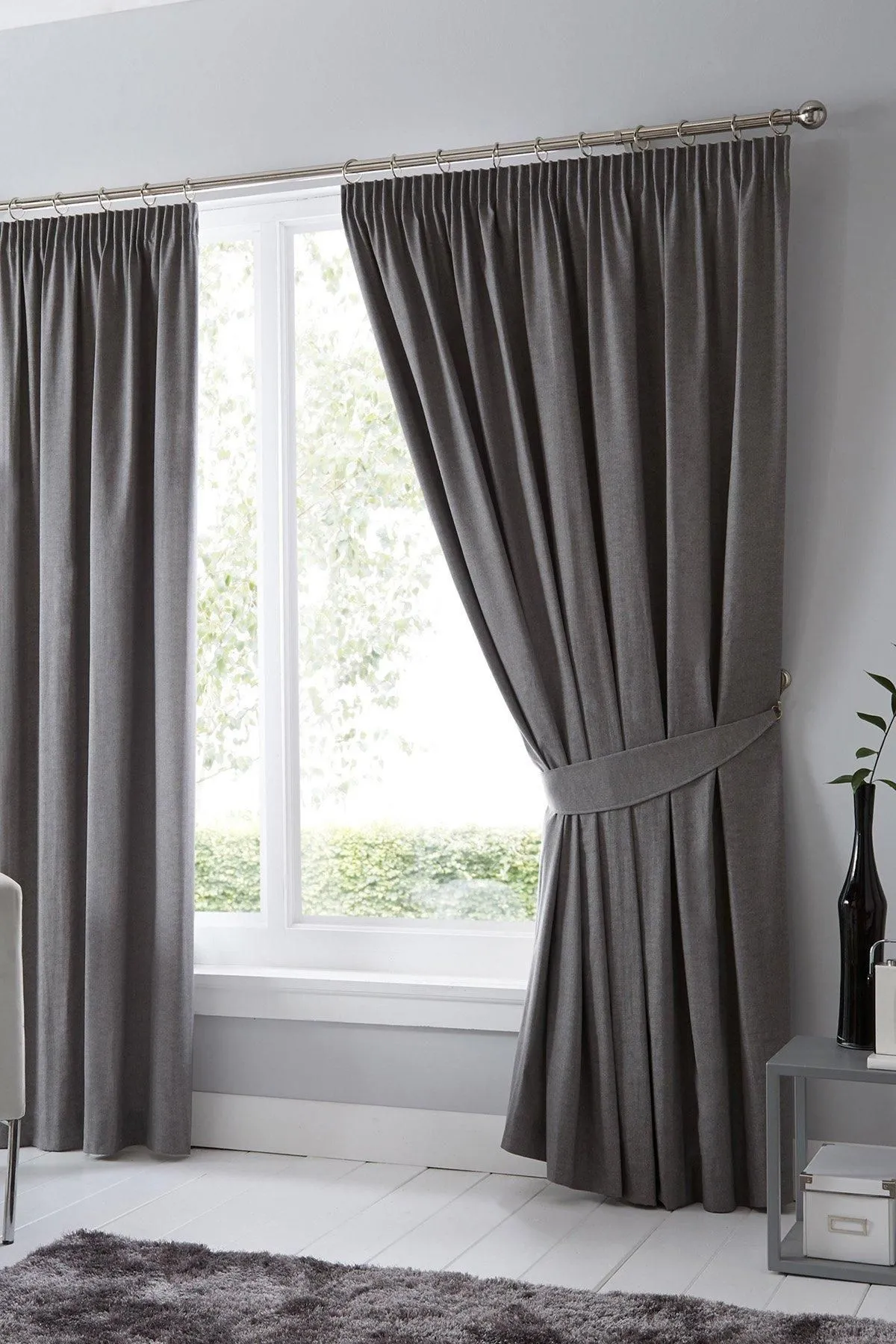 Fusion 'Dijon' Thermal & Blackout Fully Lined Pencil Pleat Curtains in Charcoal 1