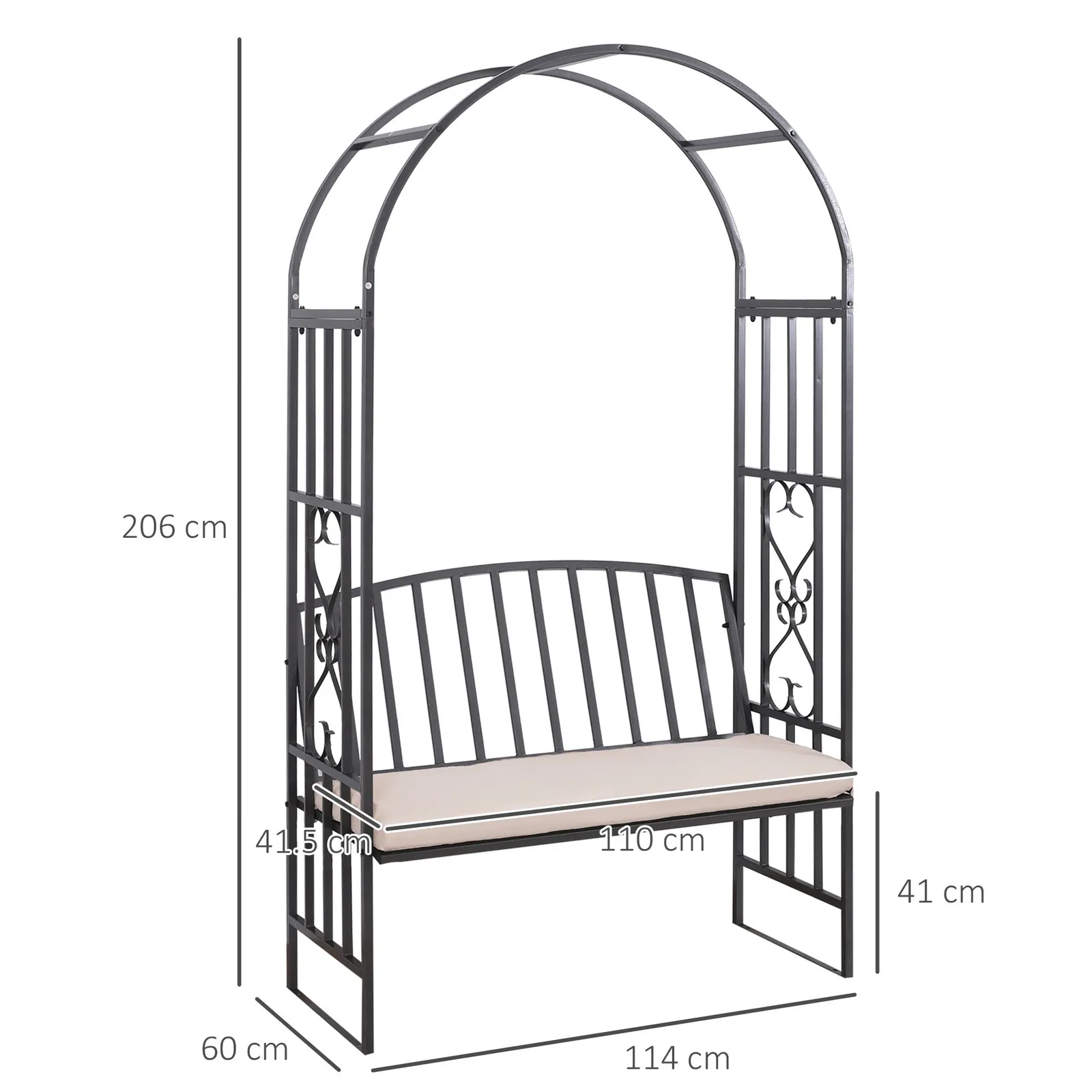 OUTSUNNY Garden Arbor Arch Metal Bench Padded Seat Outdoor Decoration Patio in Dark Grey 3