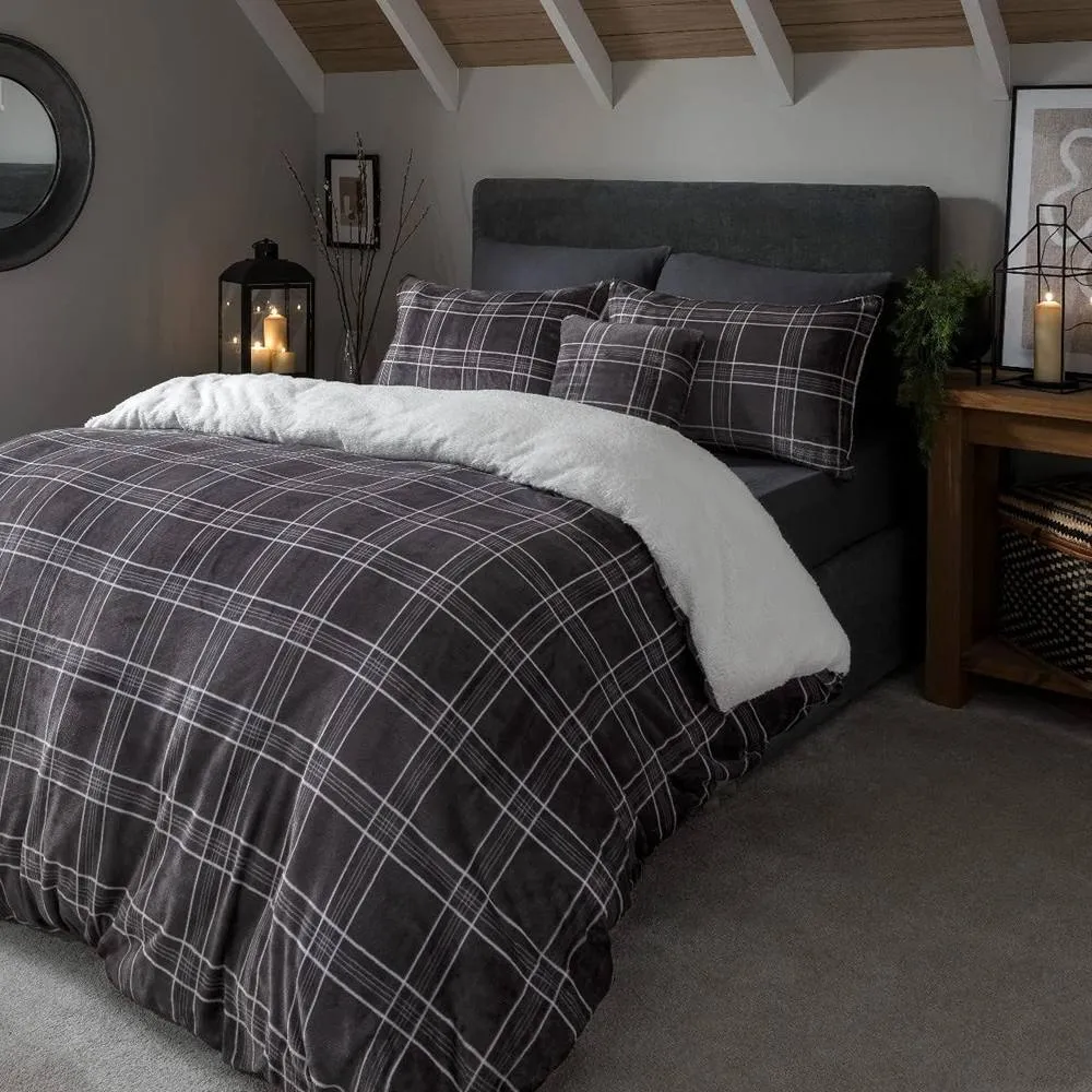 Smart Living Luxury Check Printed Flannel Fleece Duvet Cover with Pillowcases in Grey 2