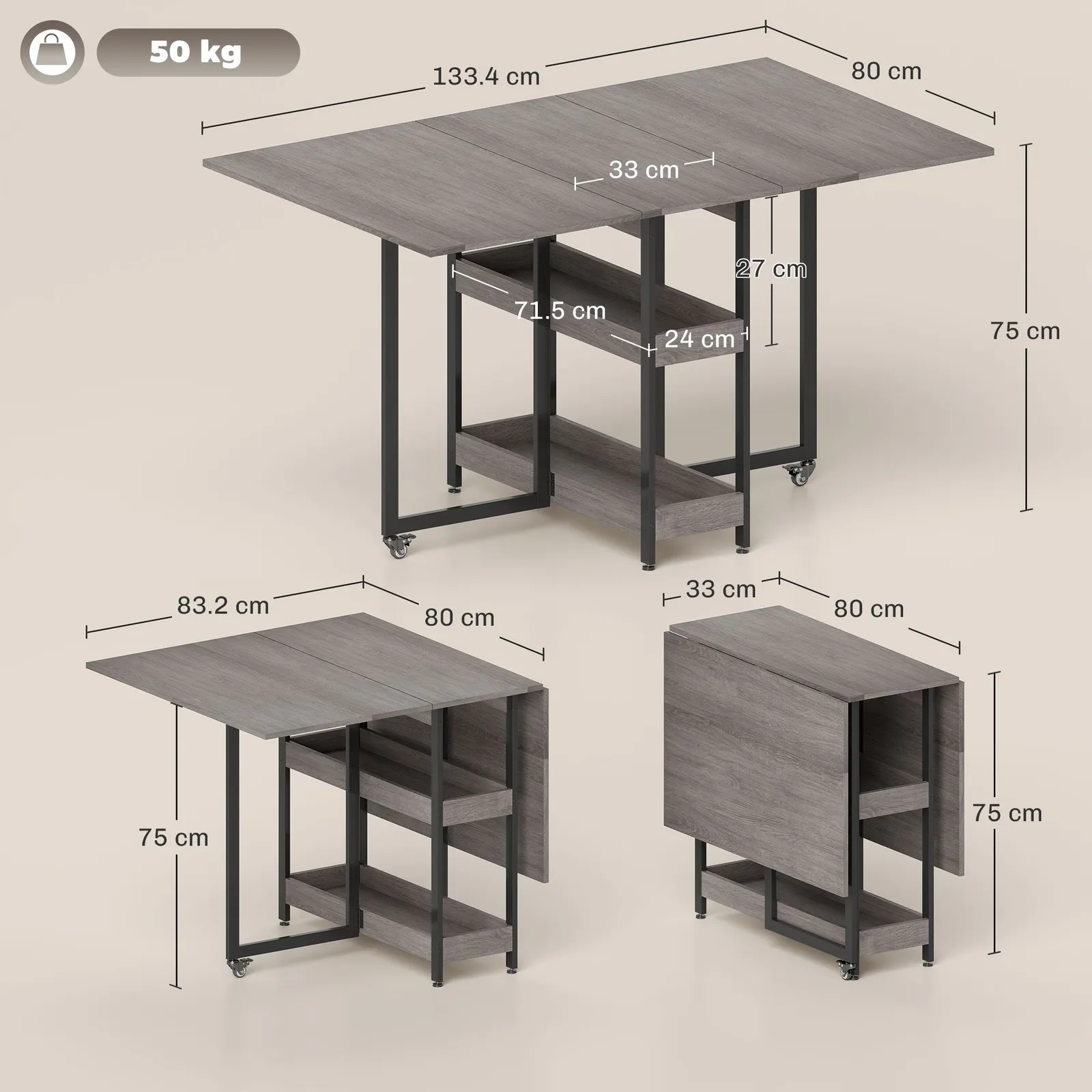 HOMCOM Folding Dining Table, Drop Leaf Table with Open Compartments in Grey 3