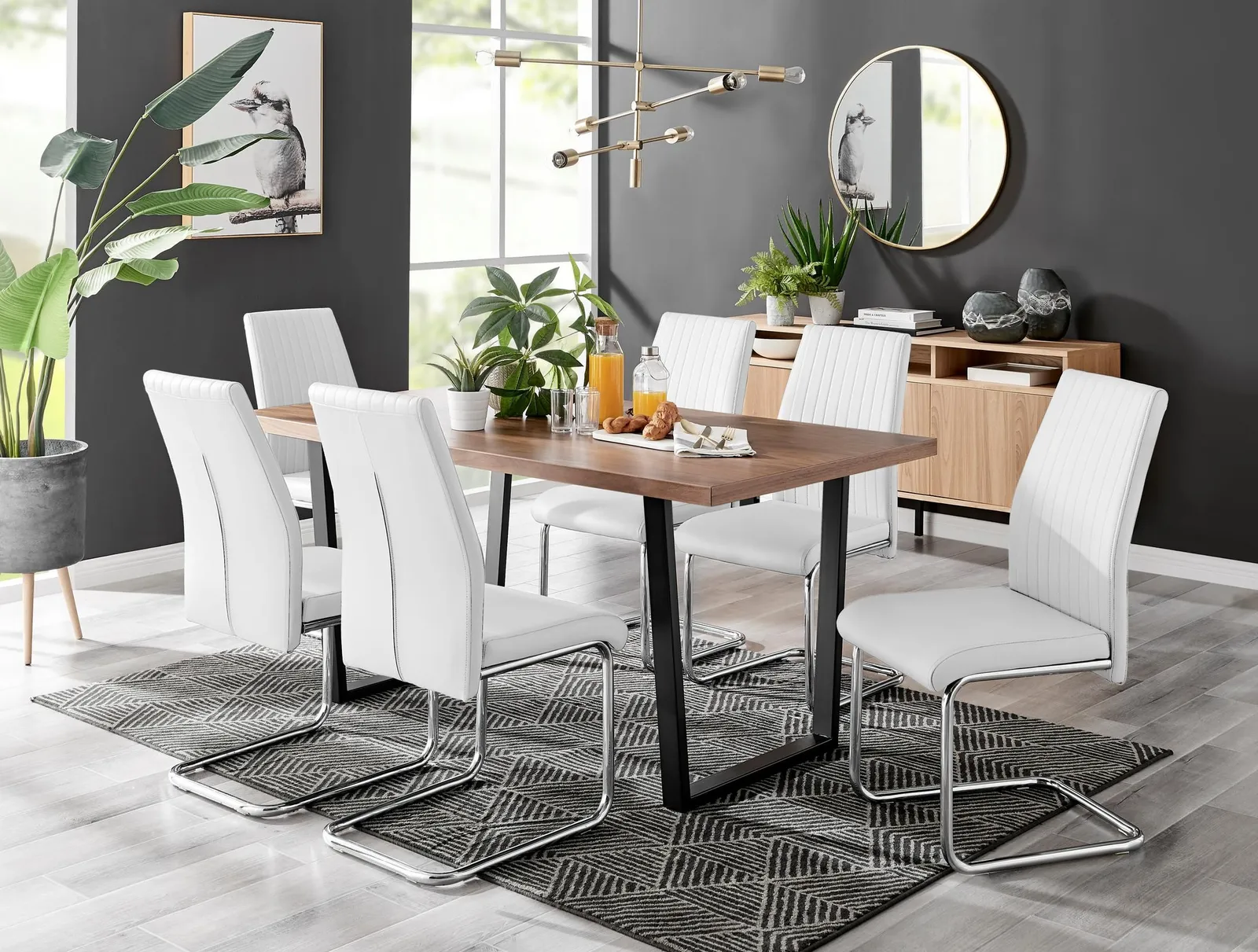 FurnitureboxUK Kylo Large Brown Wood Effect Dining Table & 6 Lorenzo Faux Leather Chairs in White
