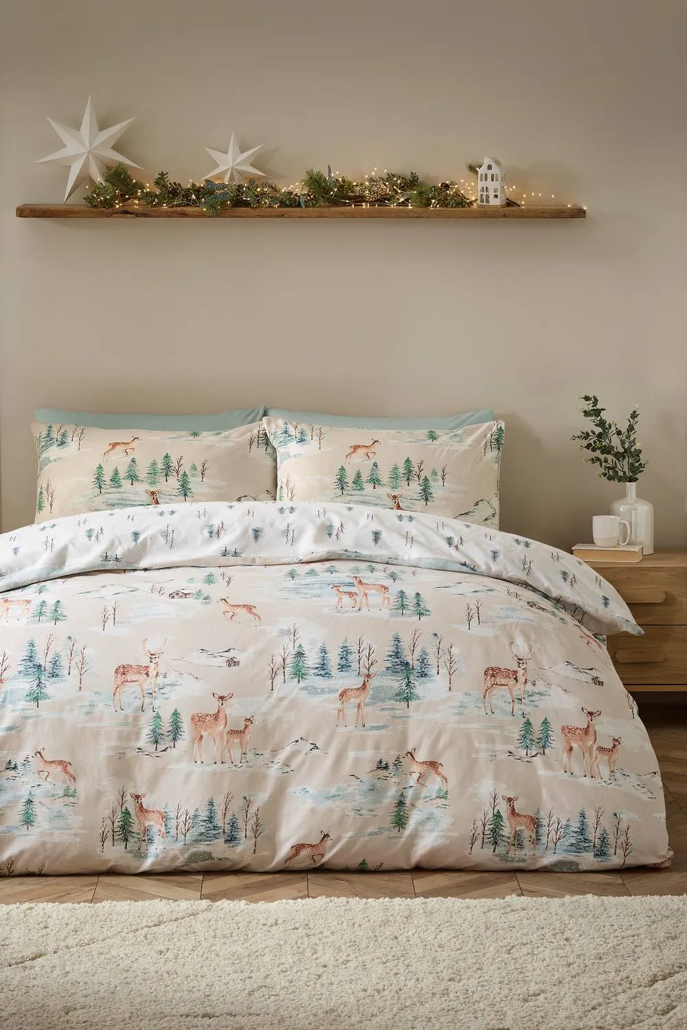Catherine Lansfield Brushed Christmas Deer Cotton Reversible Duvet Cover Set in Natural