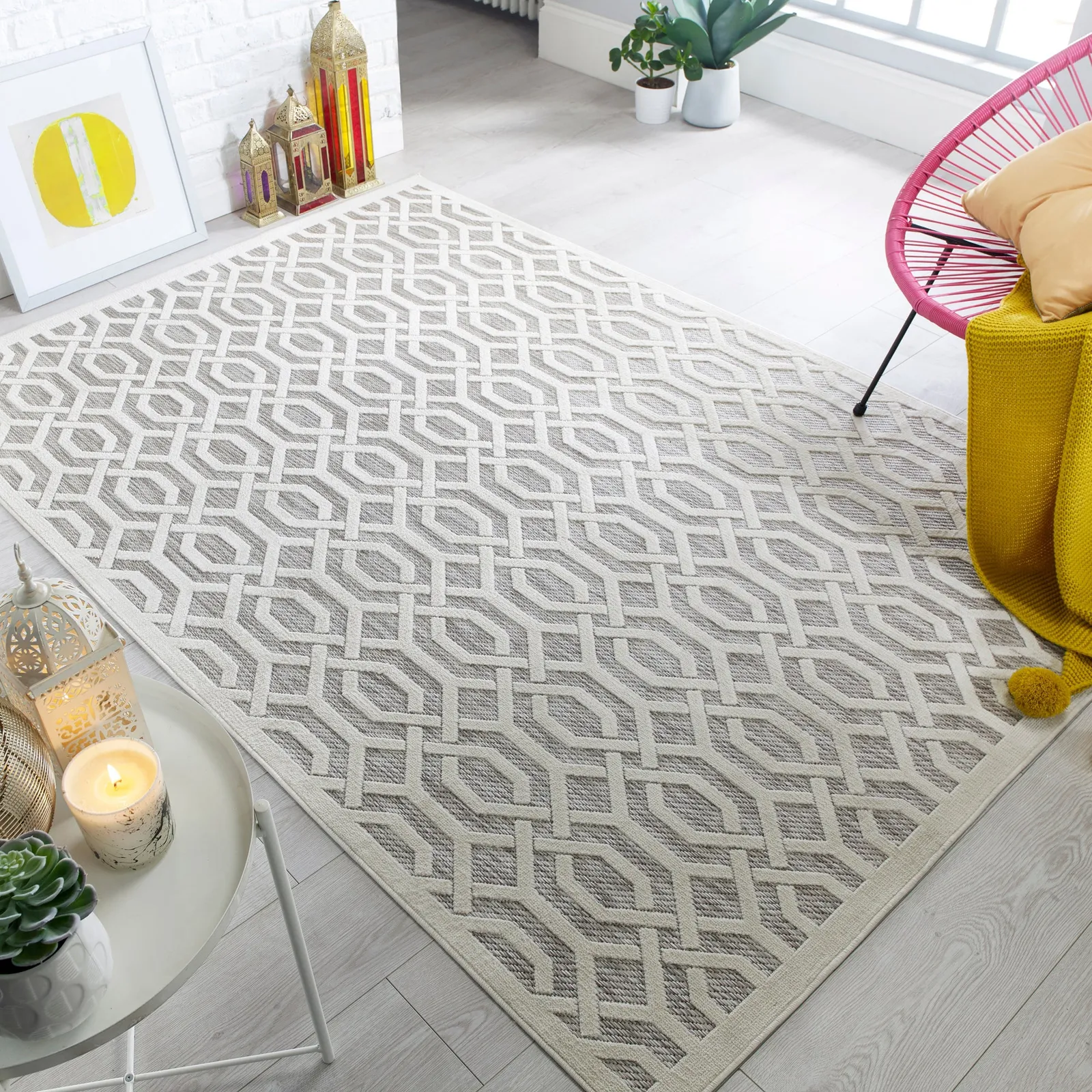 Mondo Geometric Indoor Outdoor Rug Brown and White