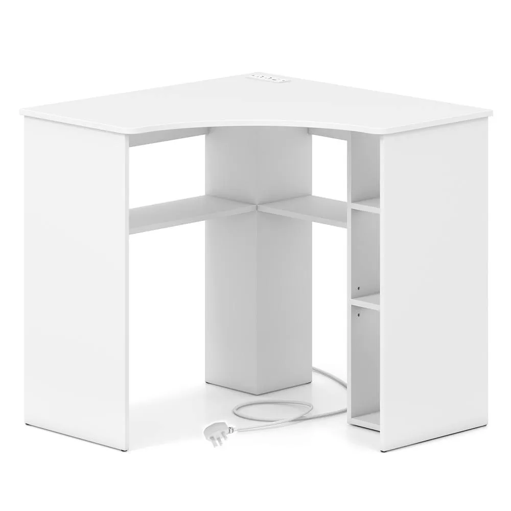 Costway Triangle Corner Computer Desk with Charging Station & Open Shelves in White 4