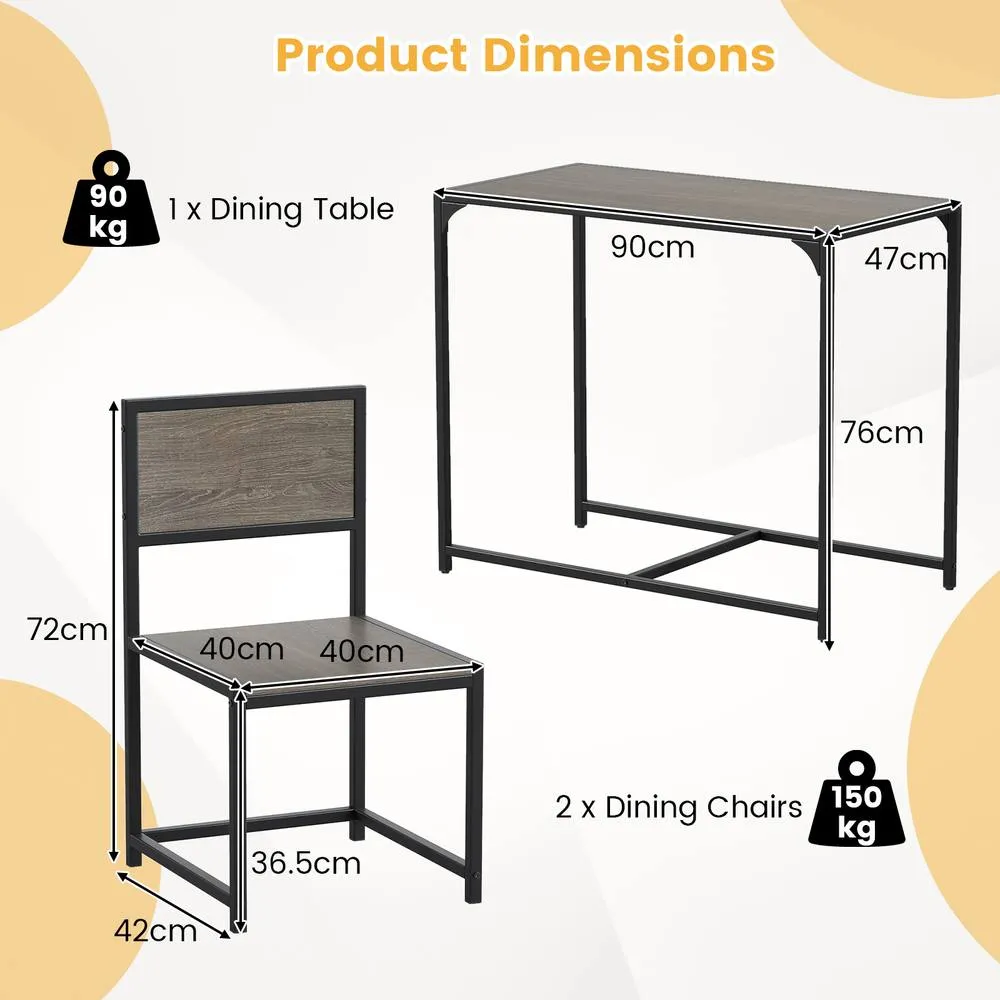 Costway 3 PCS Industrial Dining Table Set Rectangular Kitchen Table & 2 Chairs in Grey 2