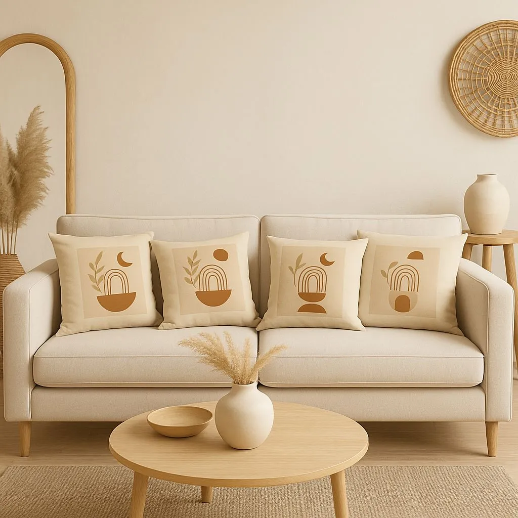 Mafett Set of 4 Boho Cushion Covers Minimalist Abstract Designs in Neutral Earthy Tones in Beige