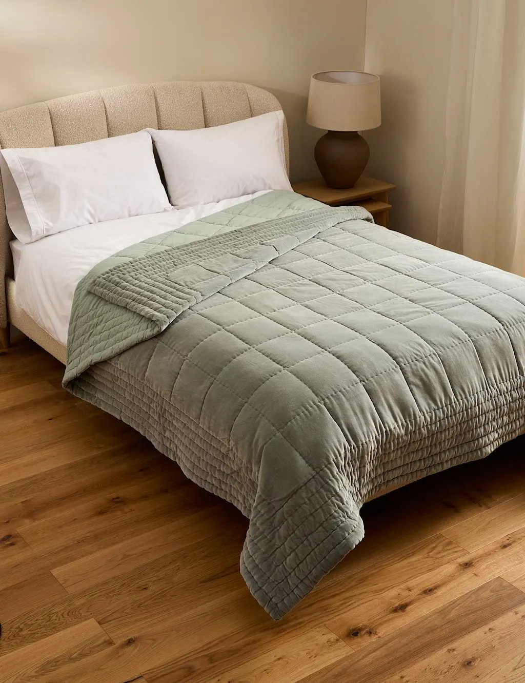 M&S Cotton Velvet Quilted Bedspread Sage