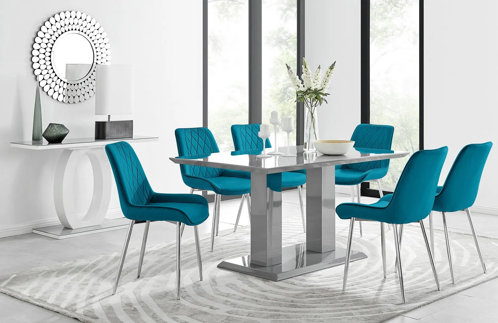 FurnitureboxUK Imperia 6 Grey Dining Table & 6 Pesaro Silver Leg Chairs in Blue 1