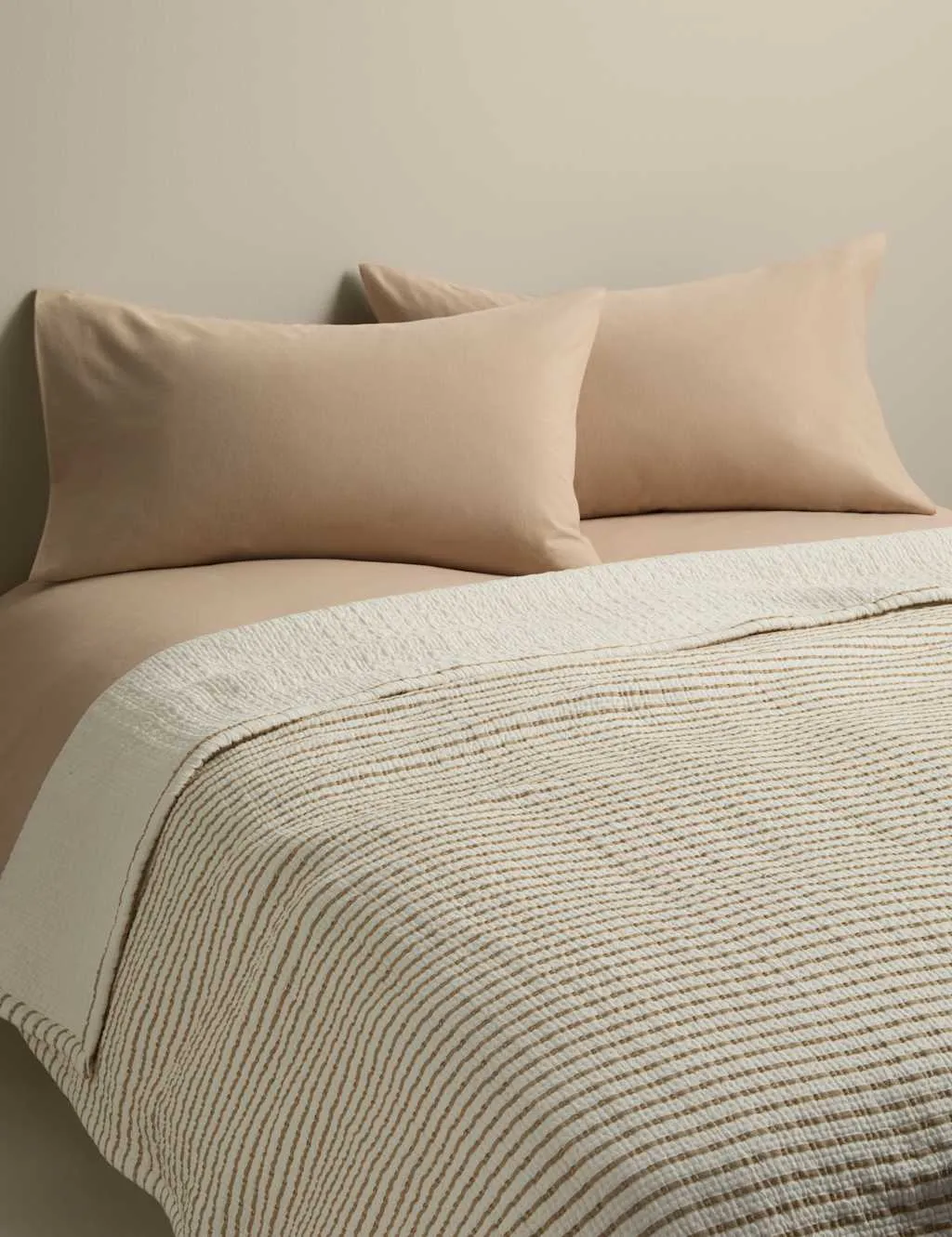 M&S Cotton Rich Striped Matelasse Bedspread Biscuit
