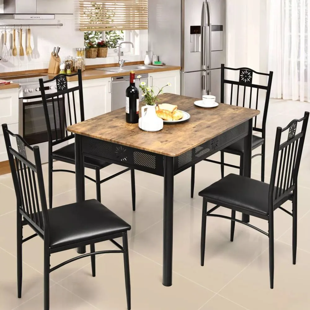 Costway 5PCS Dining Table & Chair Set Breakfast Bar Kitchen Furniture with Padded Seat in Black 5