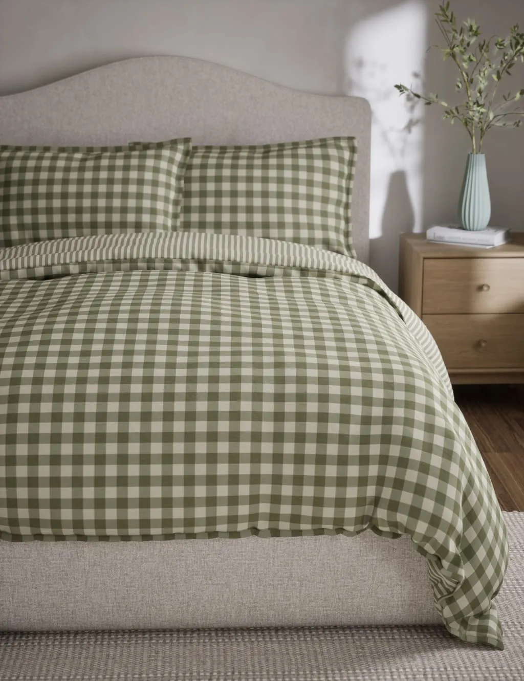 M&S Pure Cotton Gingham Bedding Set Green