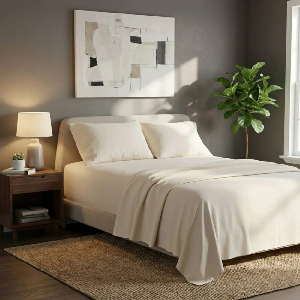 Snug City Soft Plain Brushed Cotton Fitted Flat Sheet Matching Pillowcases Set in Cream