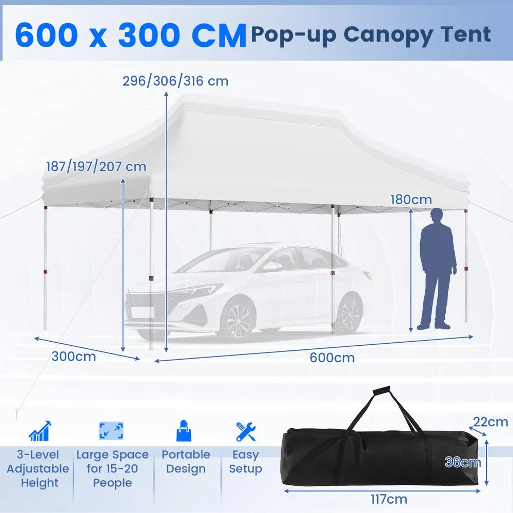 Costway 3M x 6M Pop-up Canopy Tent Folding Instant Sun Shelter w/ Carrying Bag in White 3