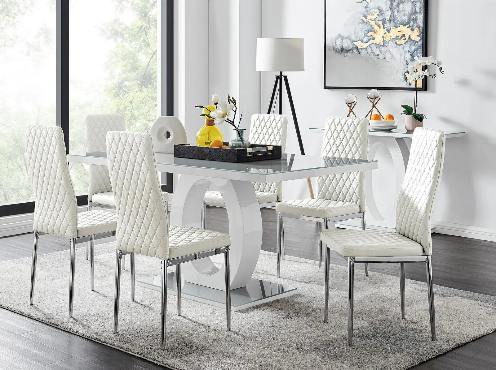 FurnitureboxUK Giovani 6-Seater Grey Glass Dining Table & 6 Milan Faux Leather Dining Chairs in White 1