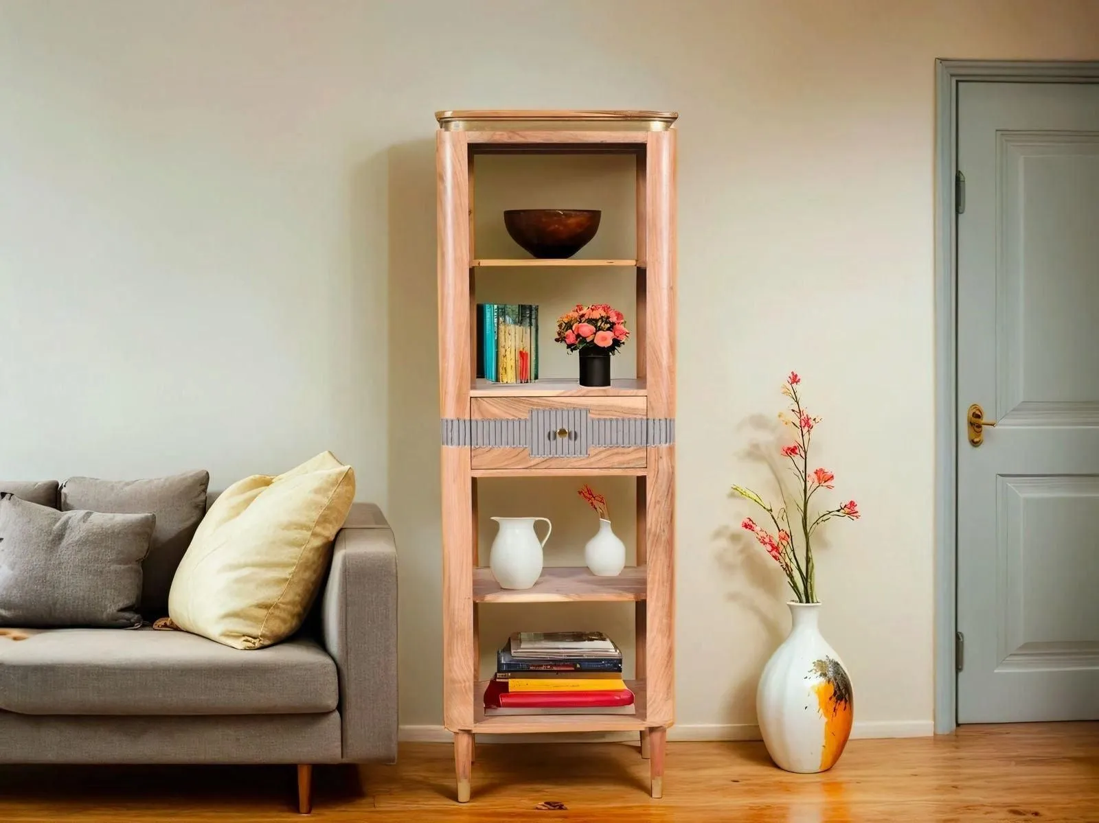 IH Design Alicia Acacia Wood 1 Drawers Slim Bookcase in Grey 4