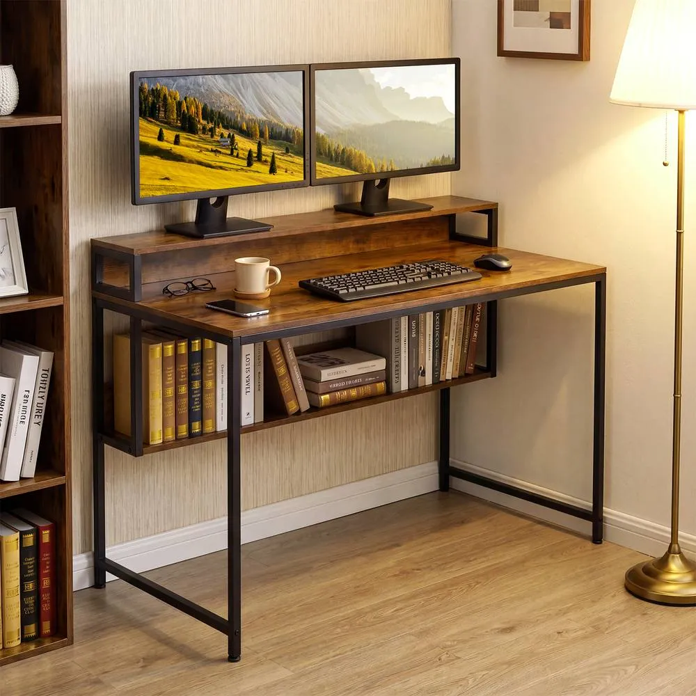 Costway 120 CM Office Desk with Monitor Stand Computer Desk with Storage Shelf in Brown 4