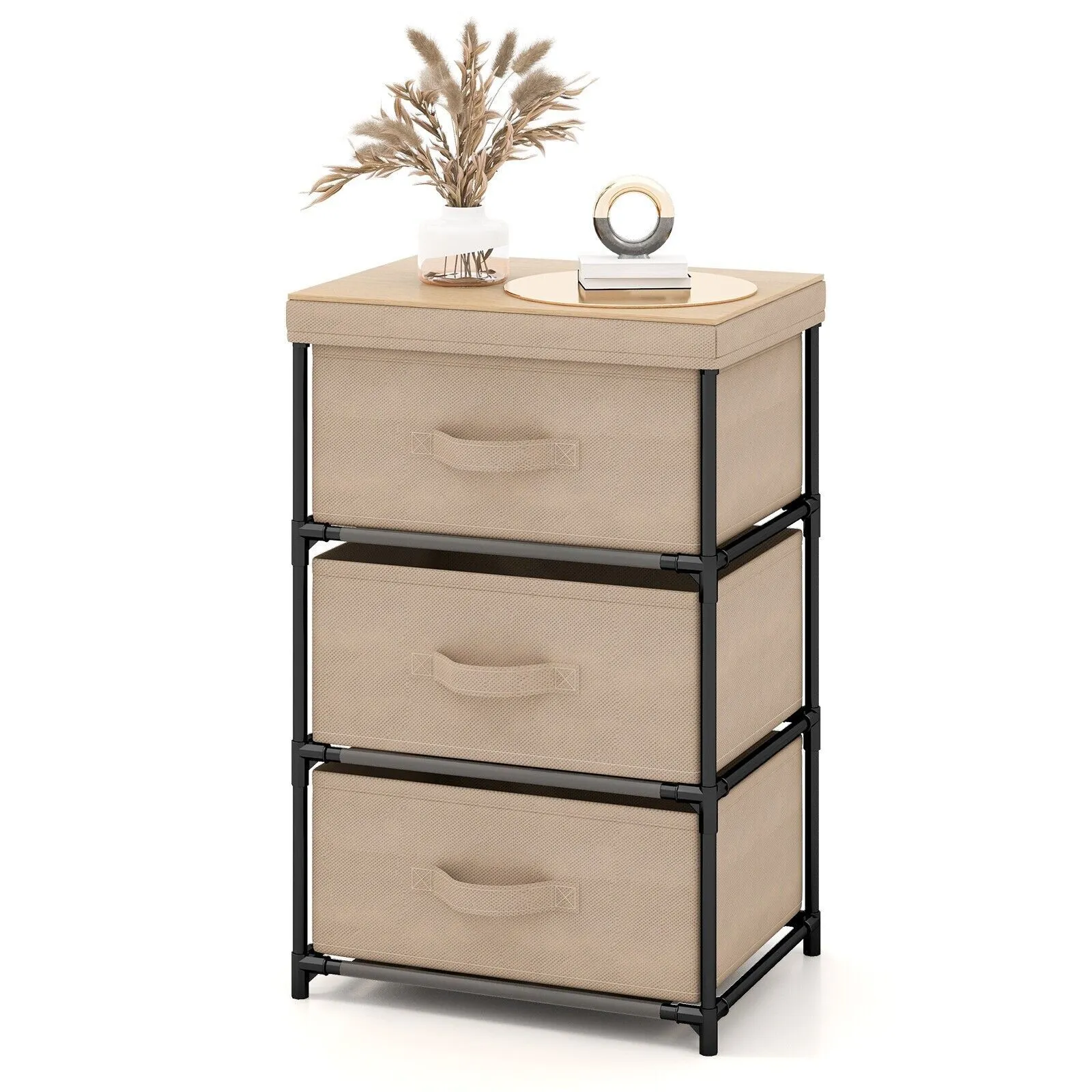 Costway 3 Chests of Drawers 3Tier Nightstand Organizer Fabric Dresser w/ Metal Frame in Brown