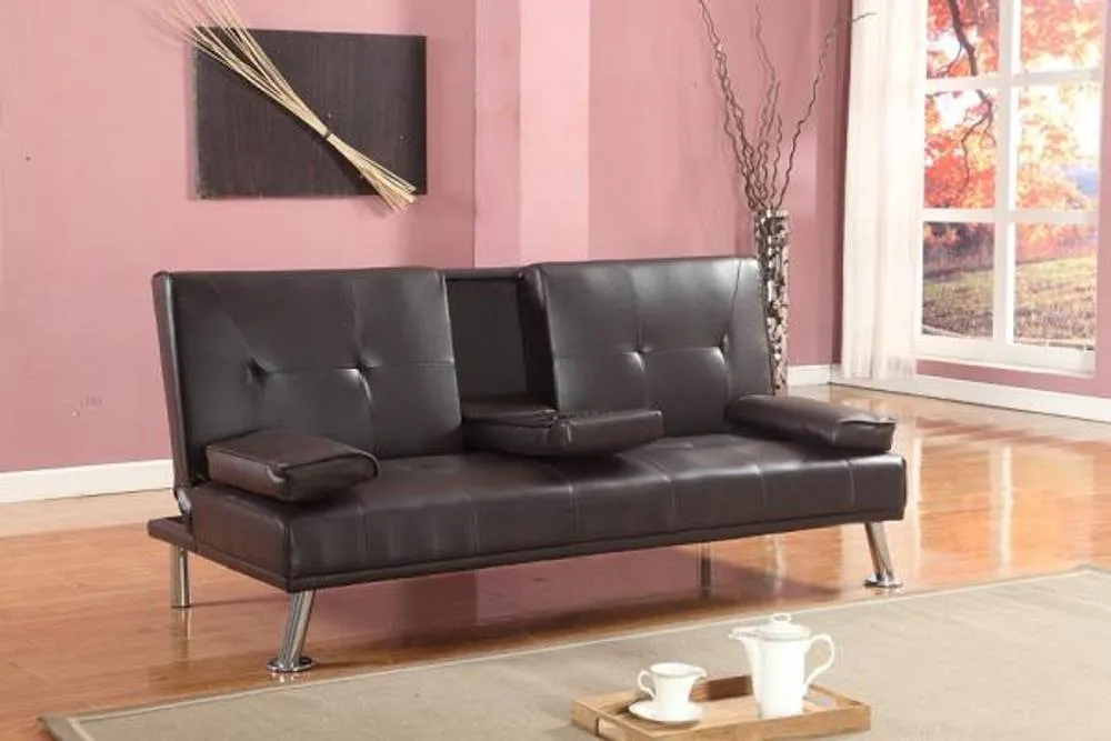 Comfy Living Ltd Faux Leather Italian Style Luxury Sofa Bed with Drink Cup Holder in Black