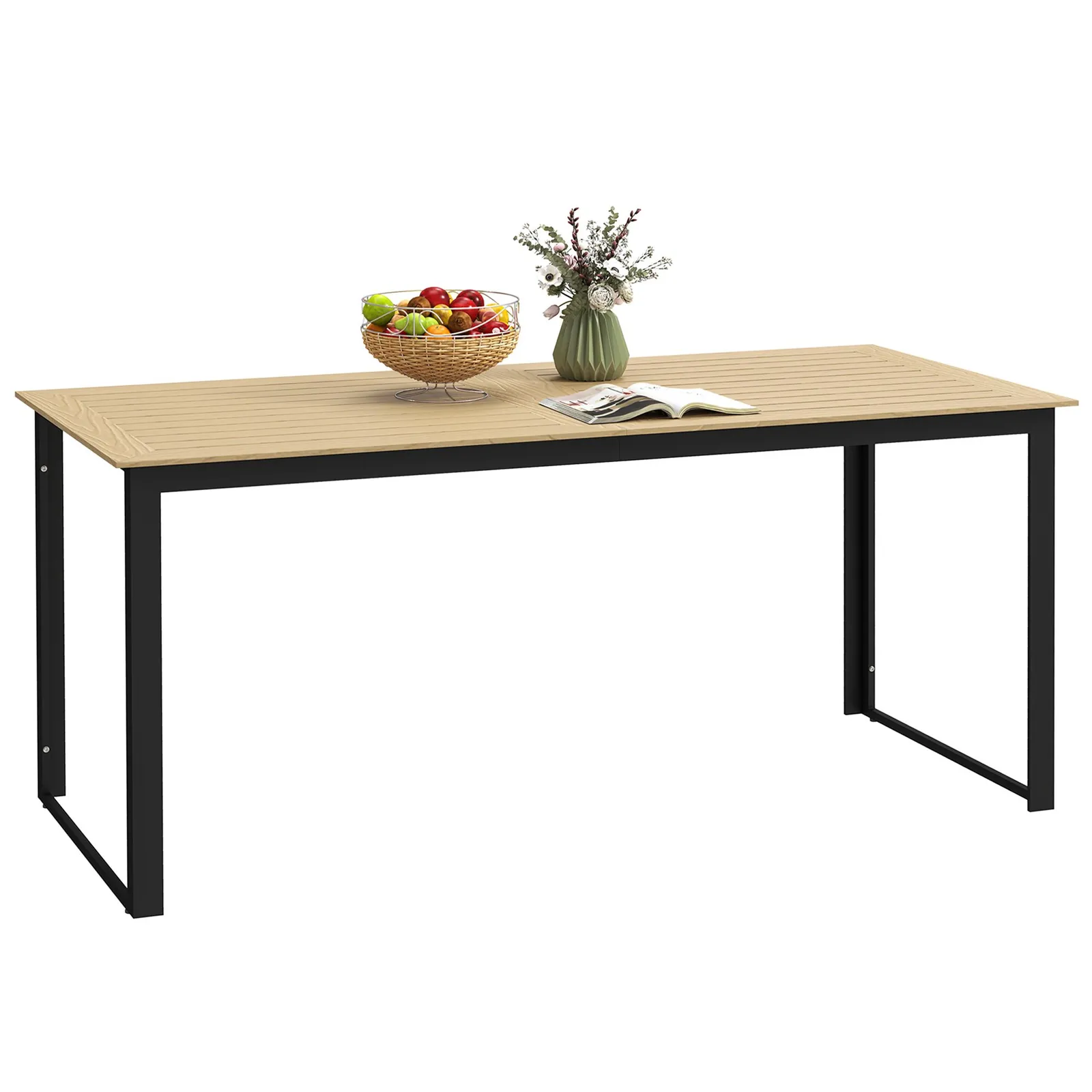 OUTSUNNY Garden Dining Table for 6 People with Slatted Table Top Metal Frame in Light Brown 2