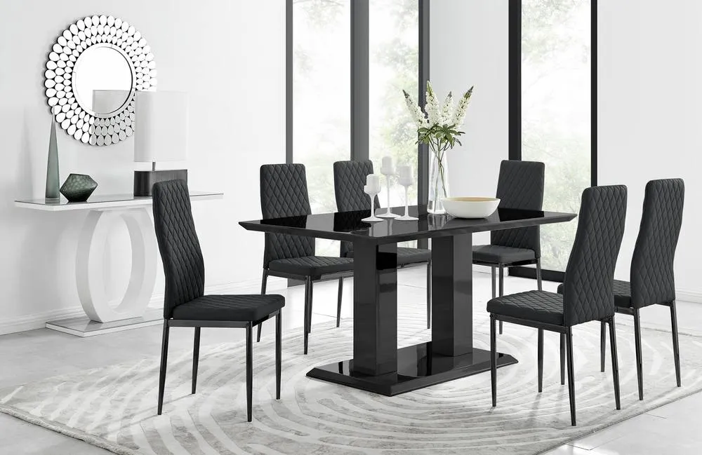 FurnitureboxUK Imperia 6 Black Dining Table & 6 Black Milan Black Leg Chairs