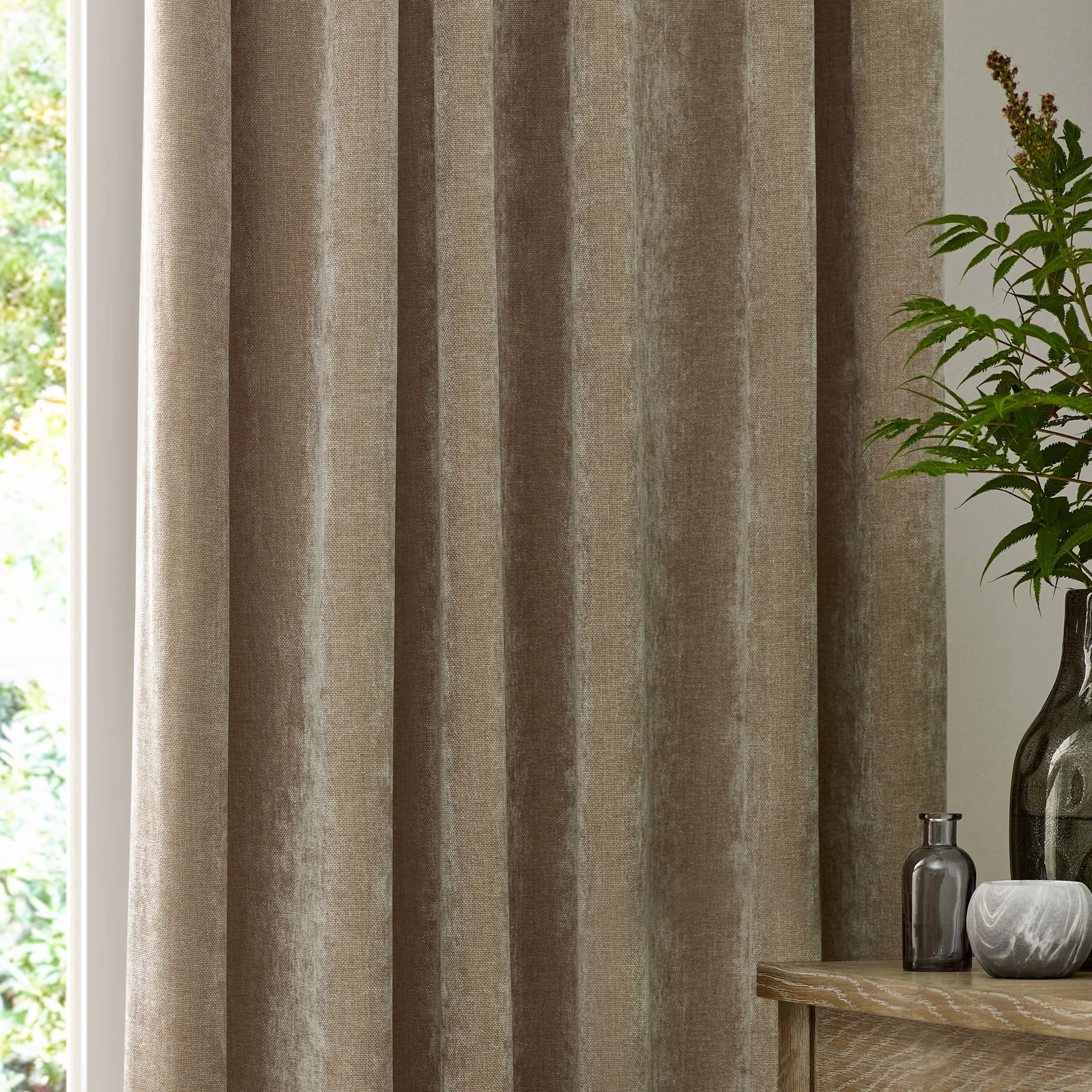 Yard Heavy Chenille Velvet Room Darkening Pencil Pleat Curtain Pair in Natural 3