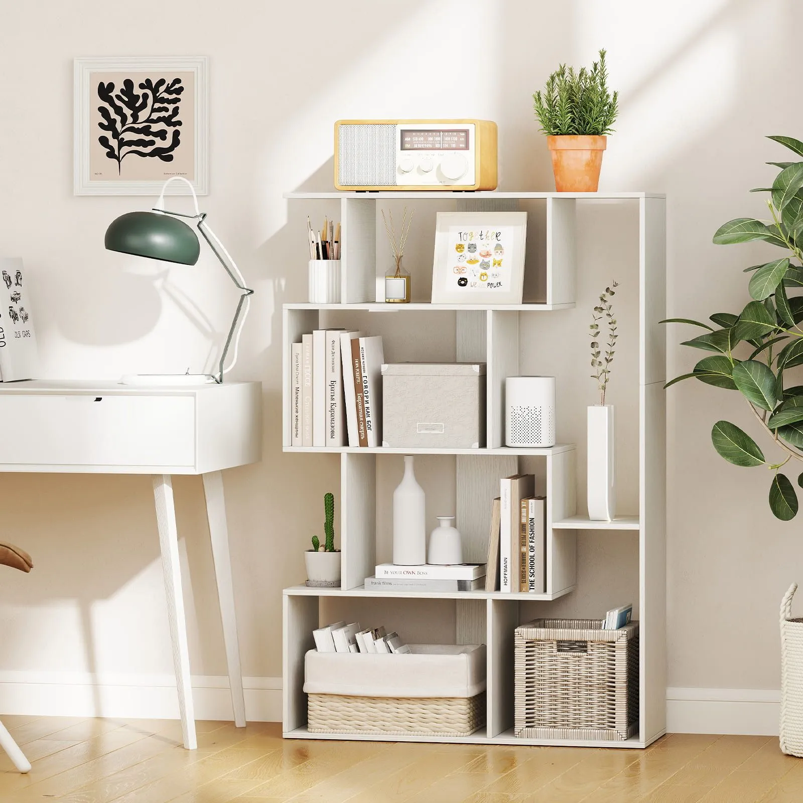 Costway Open-back Geometric Bookshelf Home 6-Cube Large Bookcase in White 5