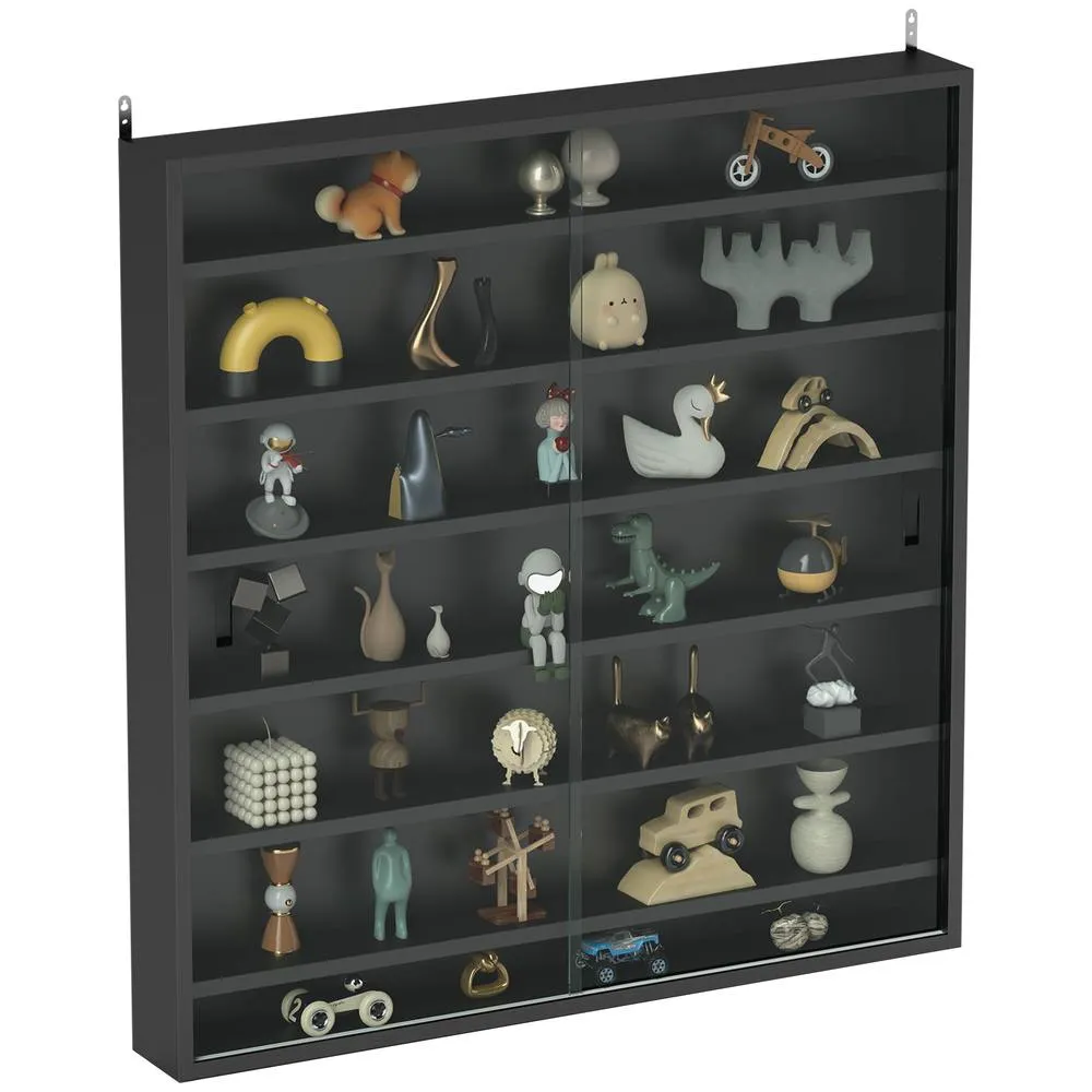 HOMCOM 7-Tier Wall Display Cabinet w/ Adjustable Shelves Glass Doors in Black 2
