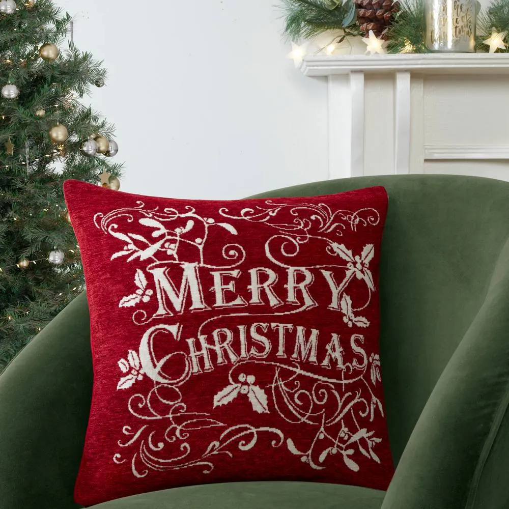 Portfolio Home Mistletoe & Holly Merry Christmas Cushion Cover - 43x43cm - 17" x 17" in Red