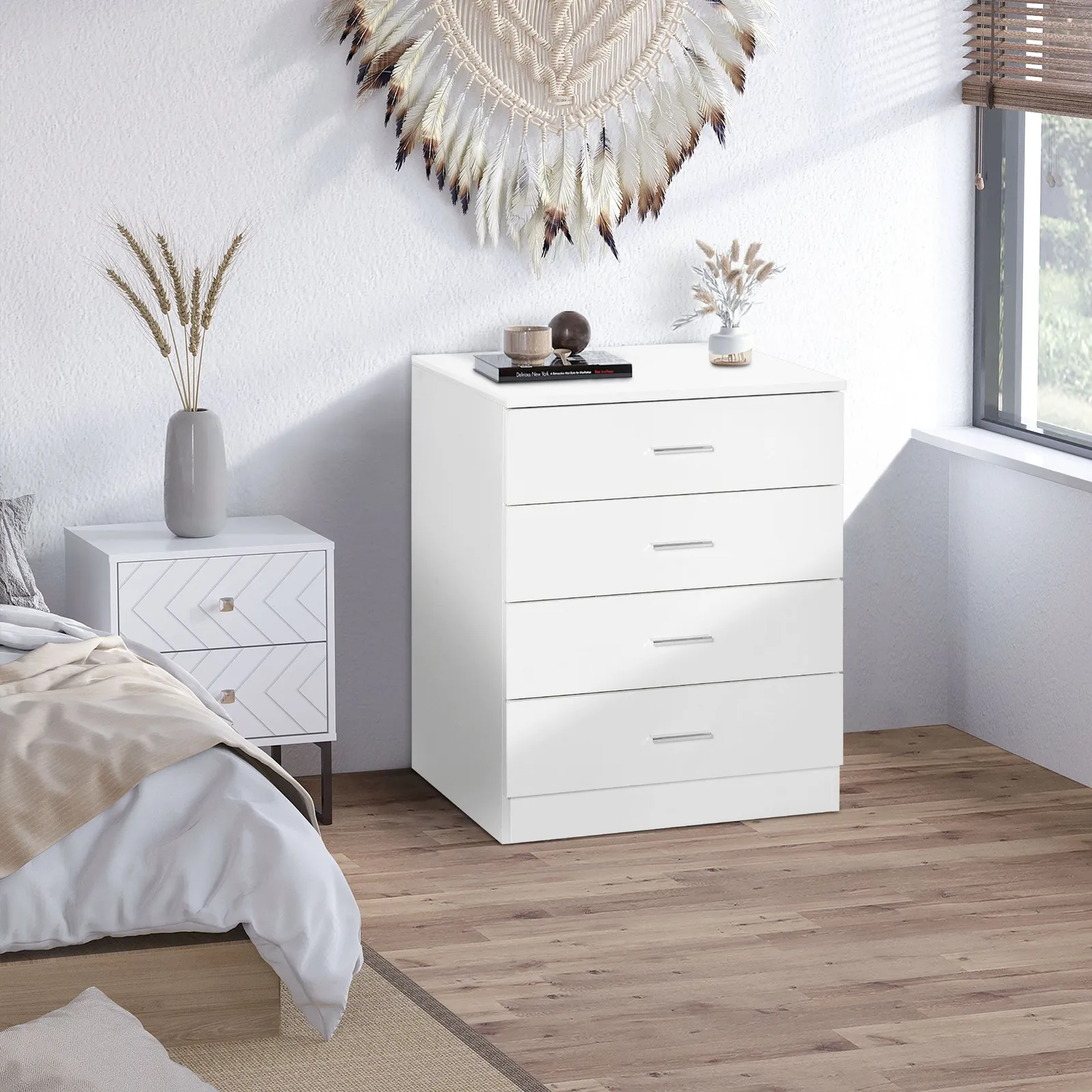 HOMCOM Storage Cabinet Vertical Drawer Chest of 4 with Metal Rails Anti Tip in White