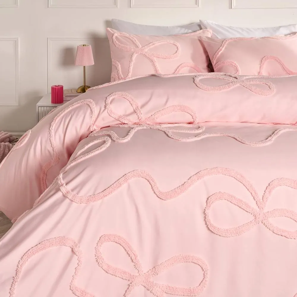 OHS Tufted Bow Bedding Set Duvet Cover with Pillowcase in Pink