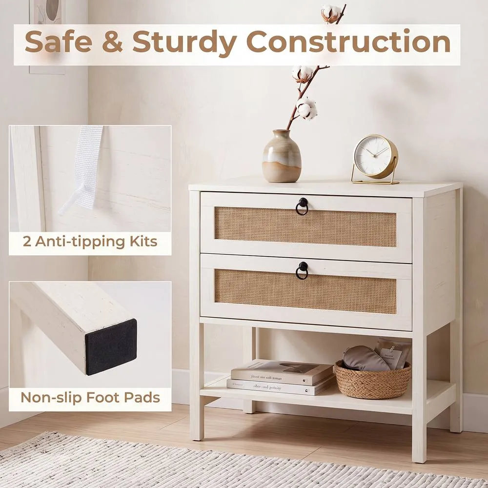 Costway Rattan Bedside Table with 2 Drawers 68cm Wide Boho Nightstand Oak Effect in White 6