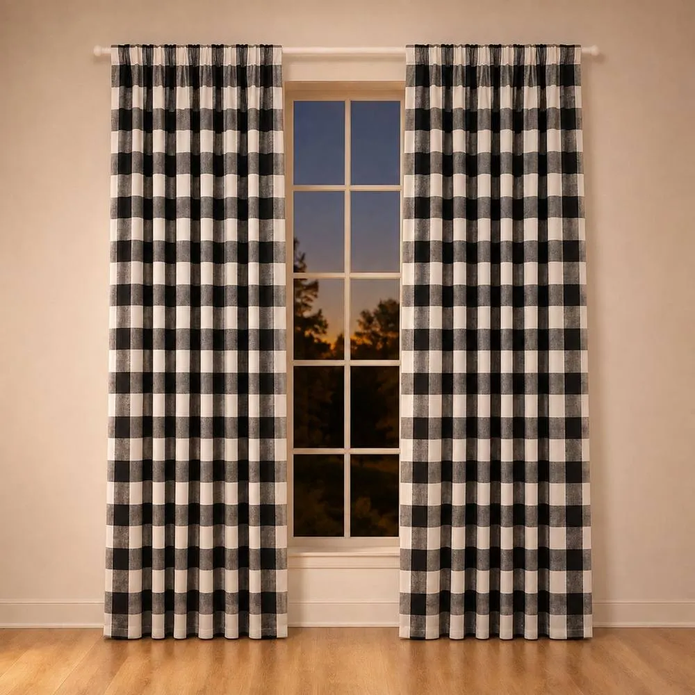 Smart Living Gingham Check Curtains Pair with Tie Backs - Classic Checked Print in Black 2