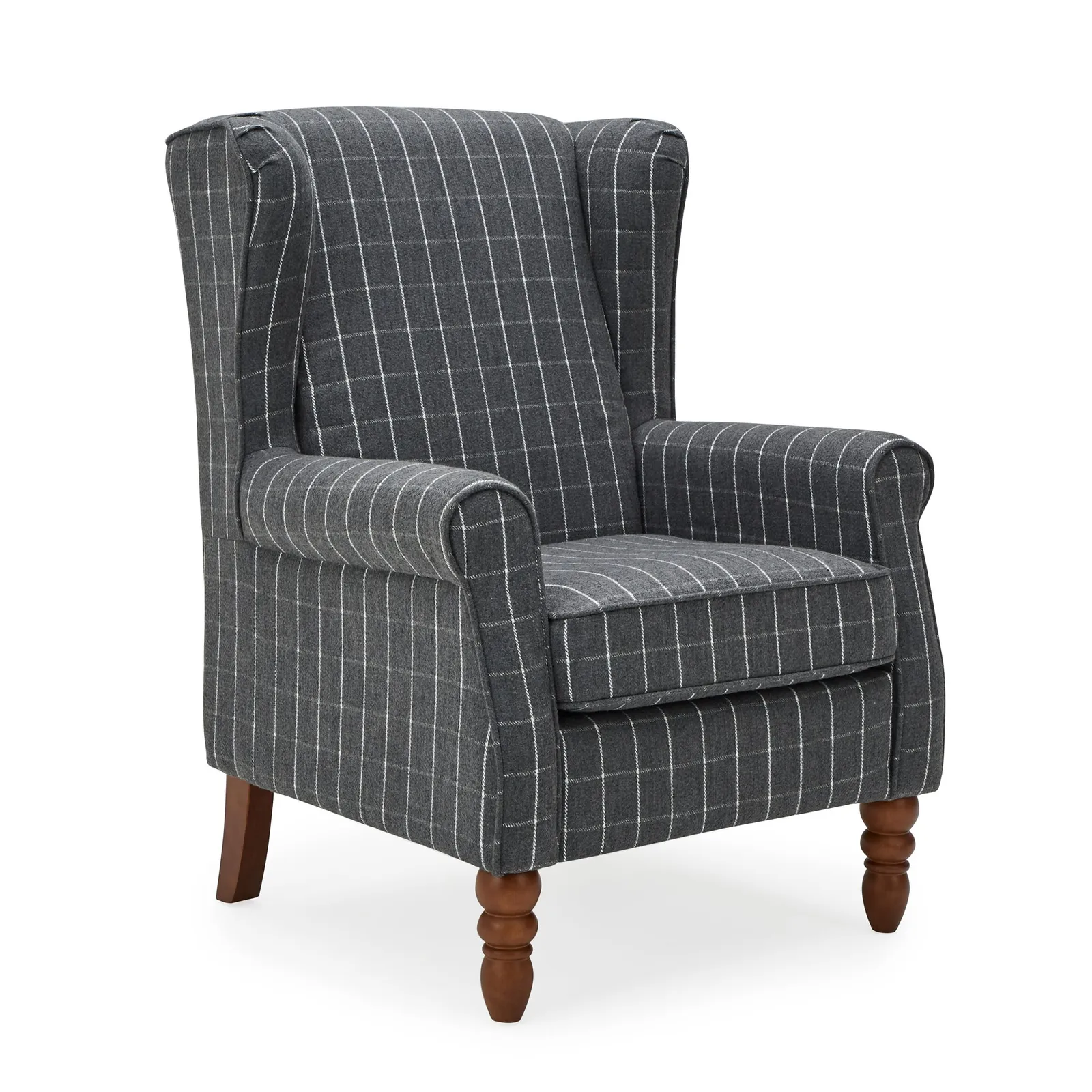 Oswald Window Pane Check Wingback Armchair Grey and White