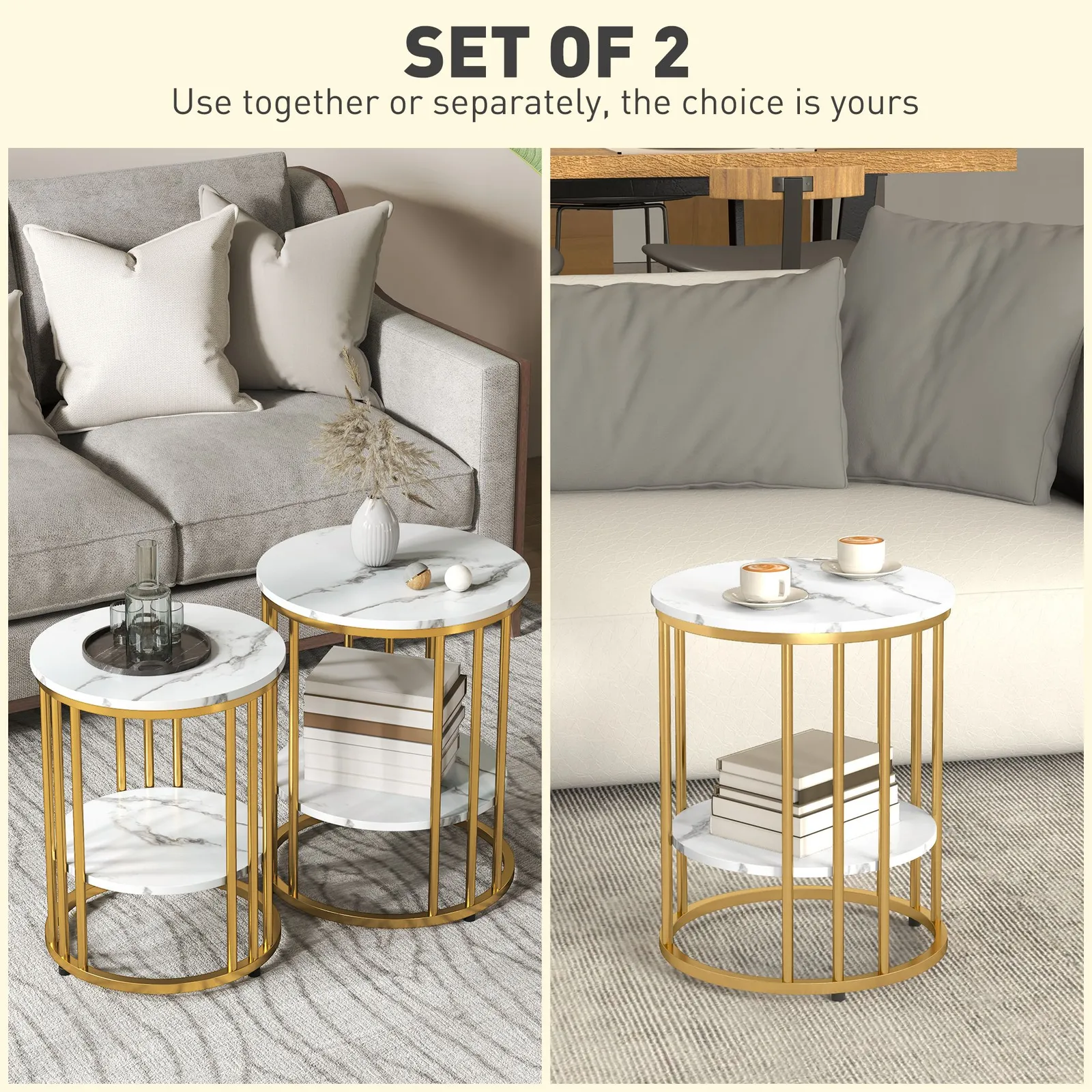 HOMCOM Marble-Effect Round Coffee Table Set of 2 for Living Room, Gold Tone 4