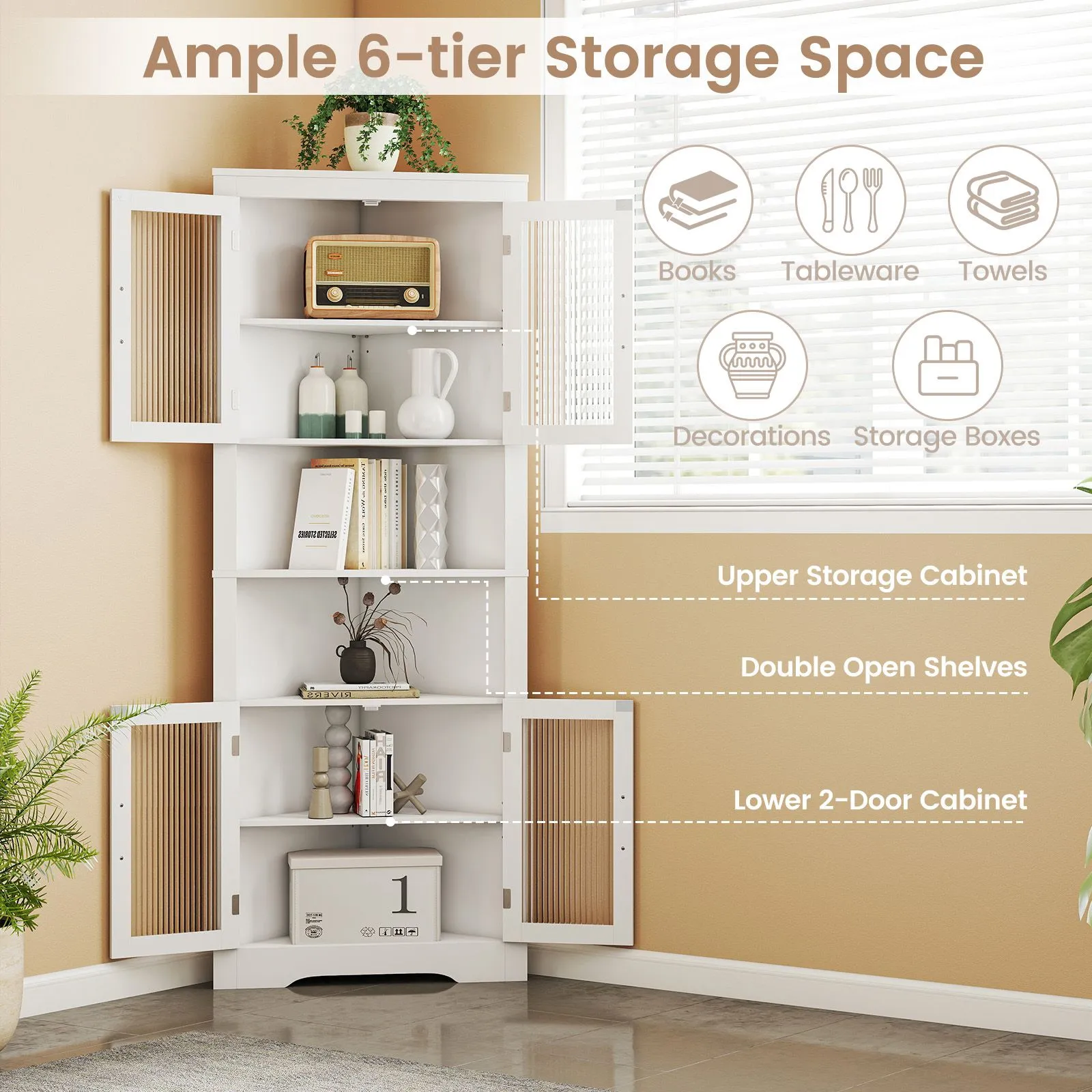 Costway Wooden 171cm Tall Corner Cabinet Corner Triangular Buffet Cabinet in White 4