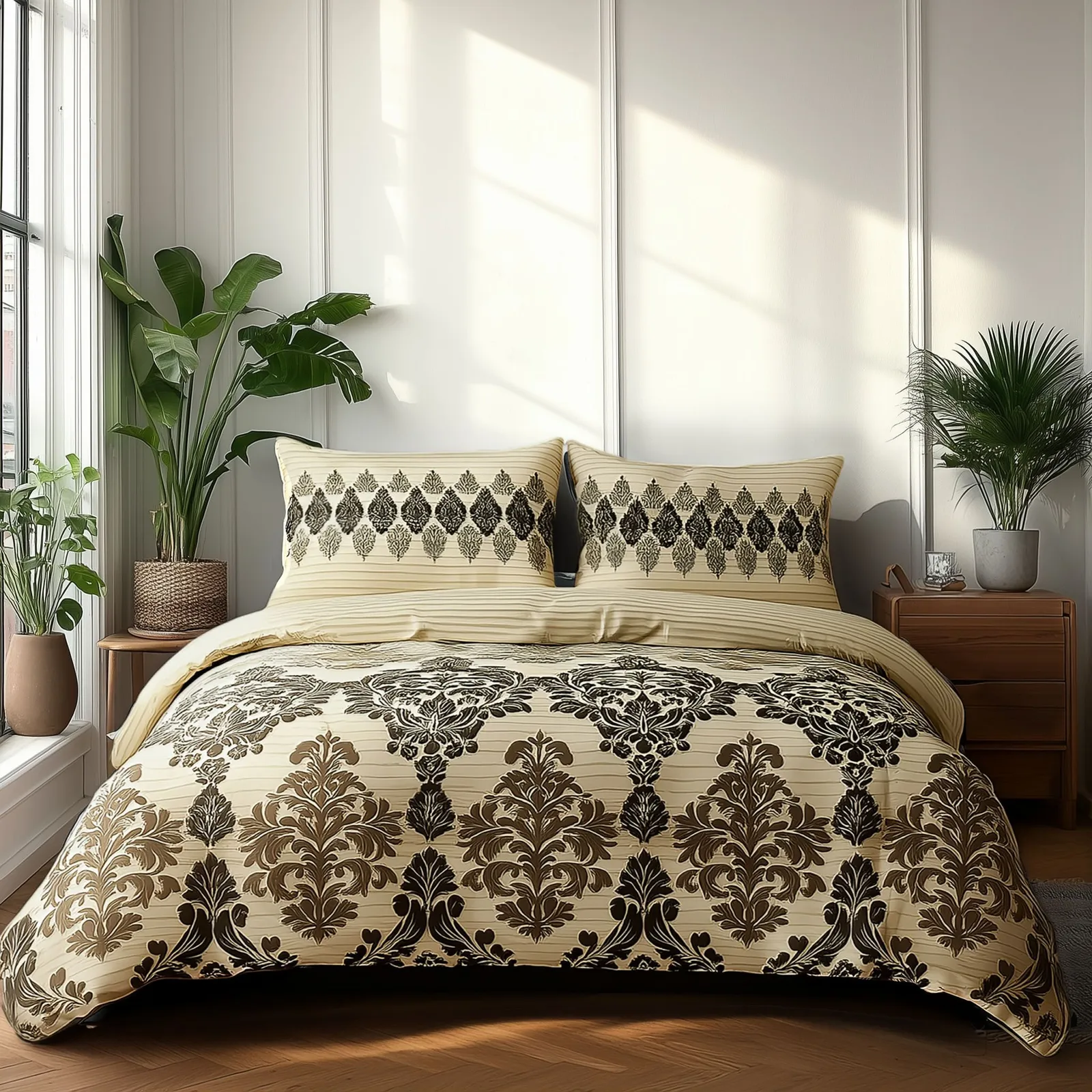 Snug City Duvet Cover & Pillowcase Set Stripe & Floral Polycotton Bed Linen in Beige