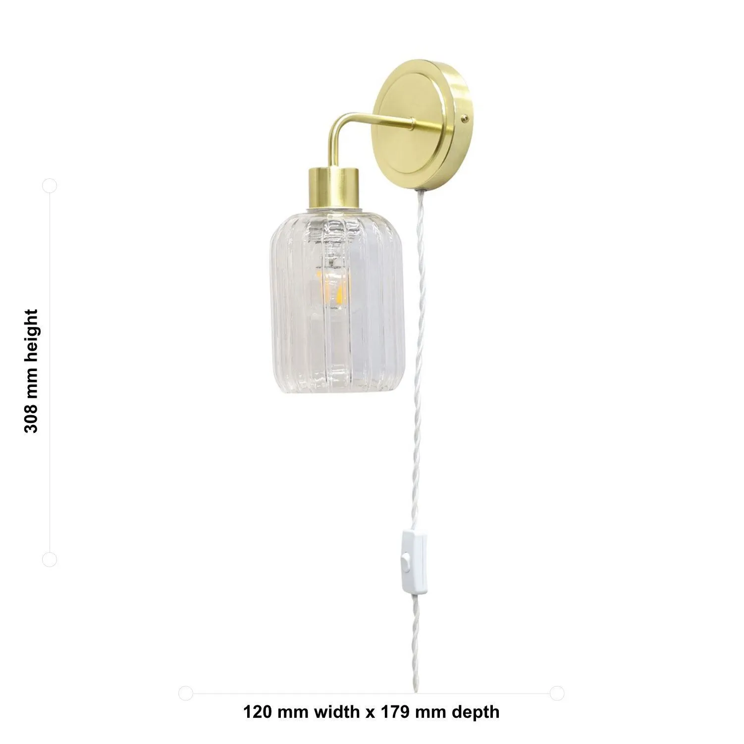 First Choice Lighting Set of 2 Toby - Satin Brass Plug in Wall Lights Ribbed Glass Shades in Gold 6