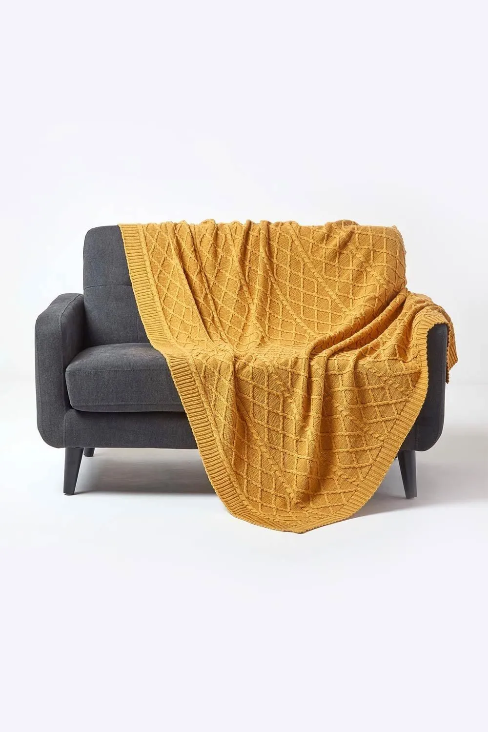 Homescapes Diamond Cable Knit Cotton Throw in Mustard