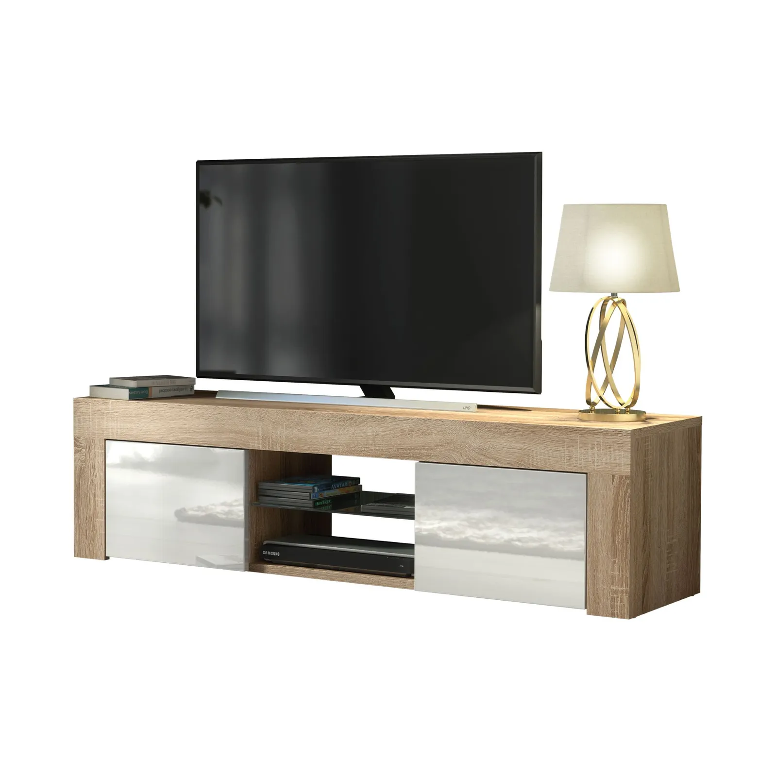 Creative Furniture TV Unit 130cm Modern - Oak with High Gloss White Doors in Light Oak 3
