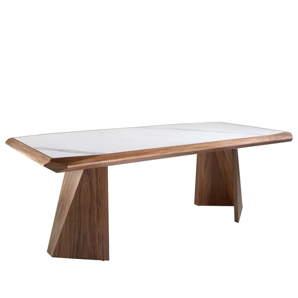 Angel Cerda Rectangular Porcelain Marble Dining Table, Walnut Legs, 220 x 110 cm