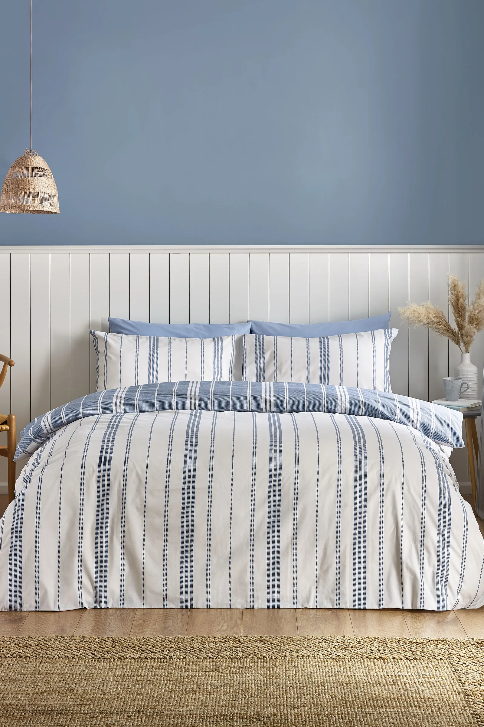 Catherine Lansfield 'Harbour Stripe' Reversible Duvet Cover Set in White