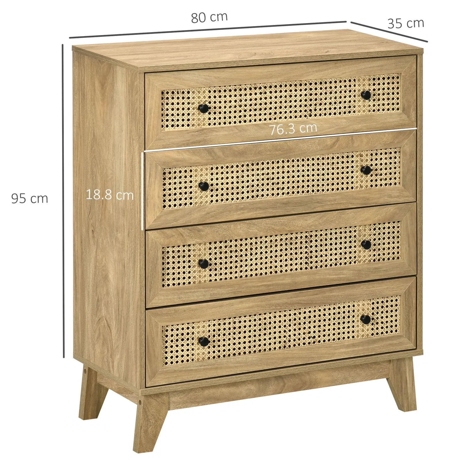 HOMCOM Chest of Drawers, 4 Drawer Unit Storage Organiser with Rattan Element in Light Brown 3