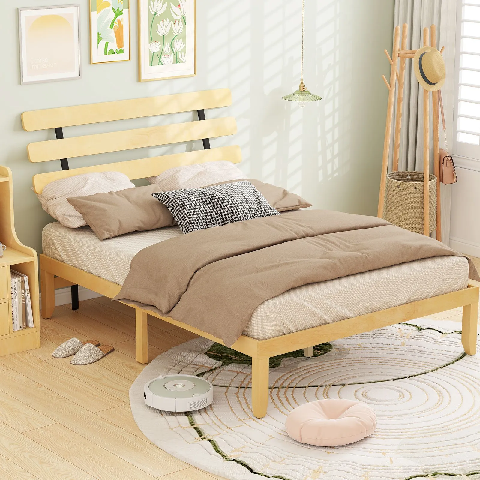 Costway King Size Bed Frame Wood Platform Bed w/ Retro Headboard in Natural 4