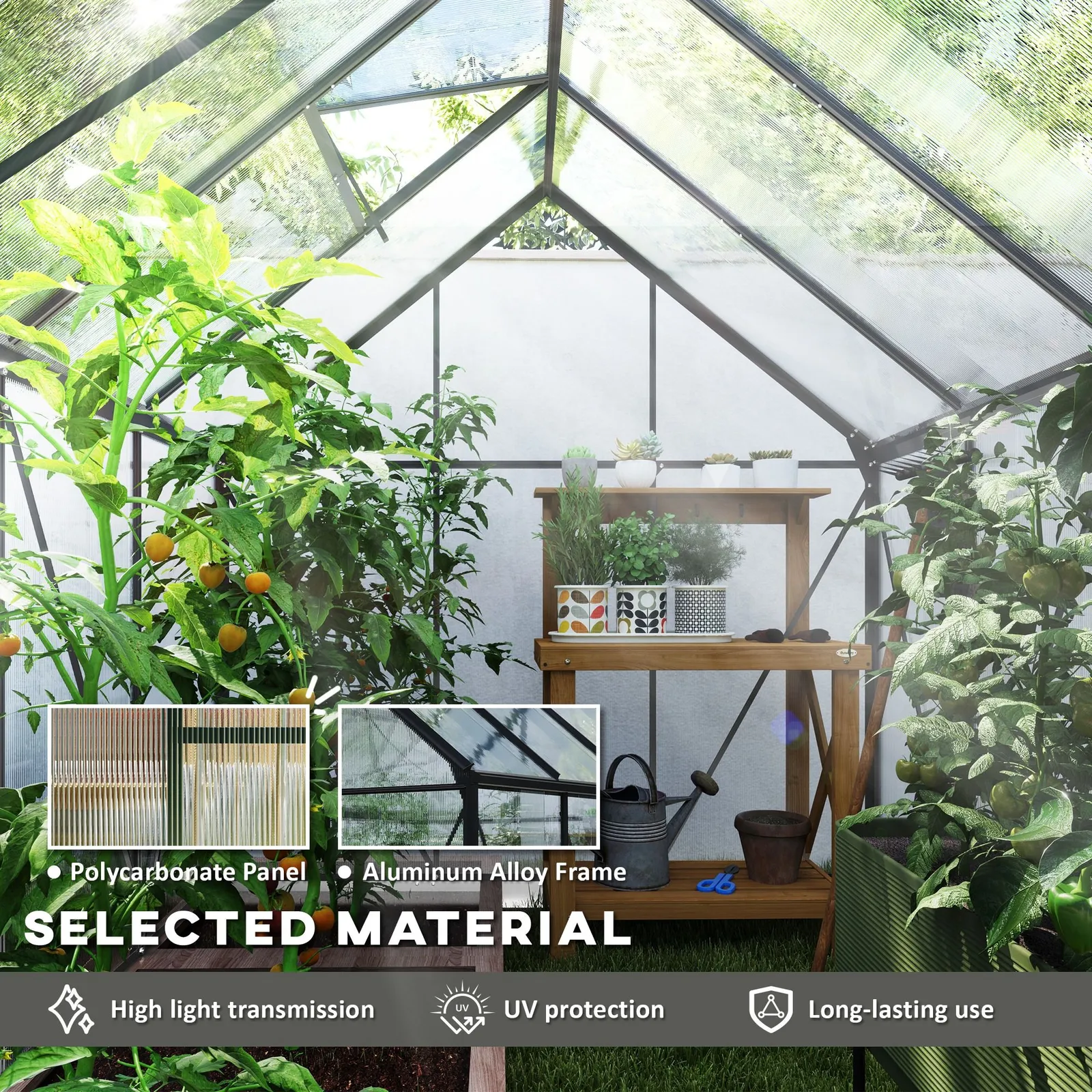 OUTSUNNY Polycarbonate Walk-in Garden Greenhouse w/ Sliding Door Dark Grey 4