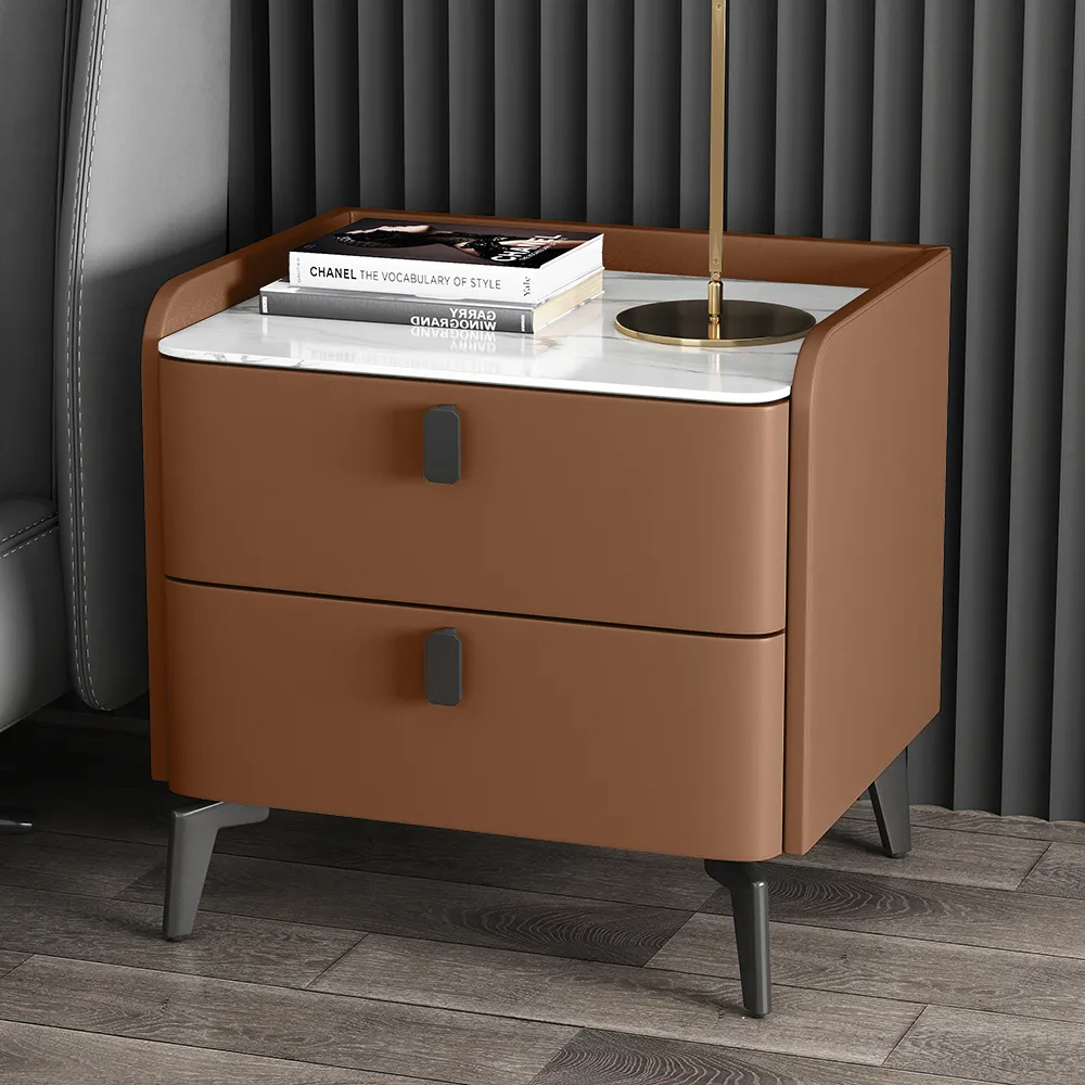 Modern Bedside Table with 2 Drawers Bedroom Bedside Table in Orange, Faux Marble Top