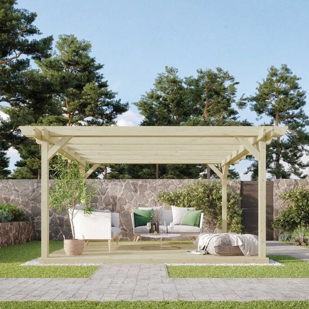 Rutland County Garden Furniture Ltd Double Garden Pergola & Decking Kit, L300 x W300 cm, Rustic Brown in Light Green 2