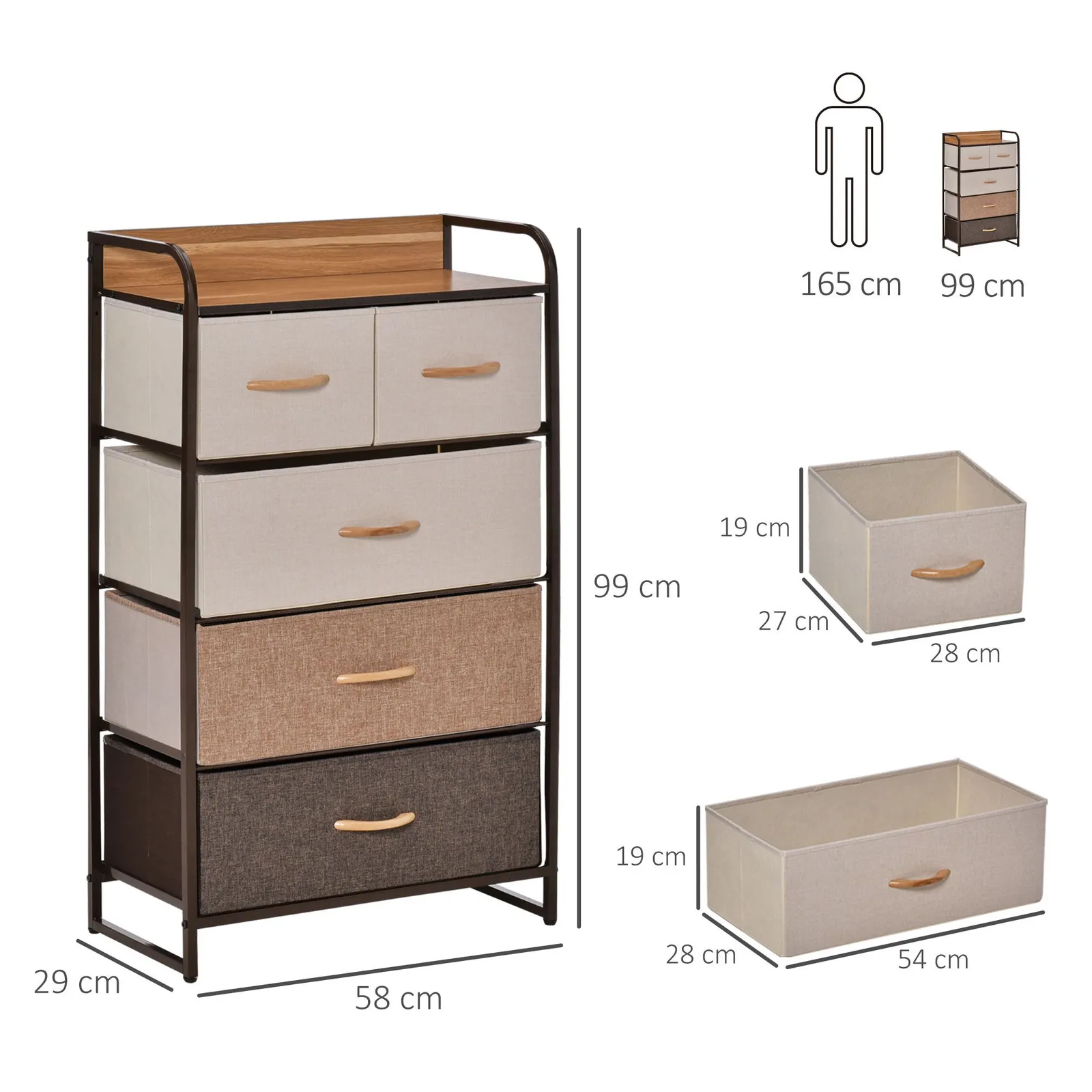 HOMCOM 5 Drawer Dresser Tower Fabric Chest of Drawers with Steel Frame in Brown 3