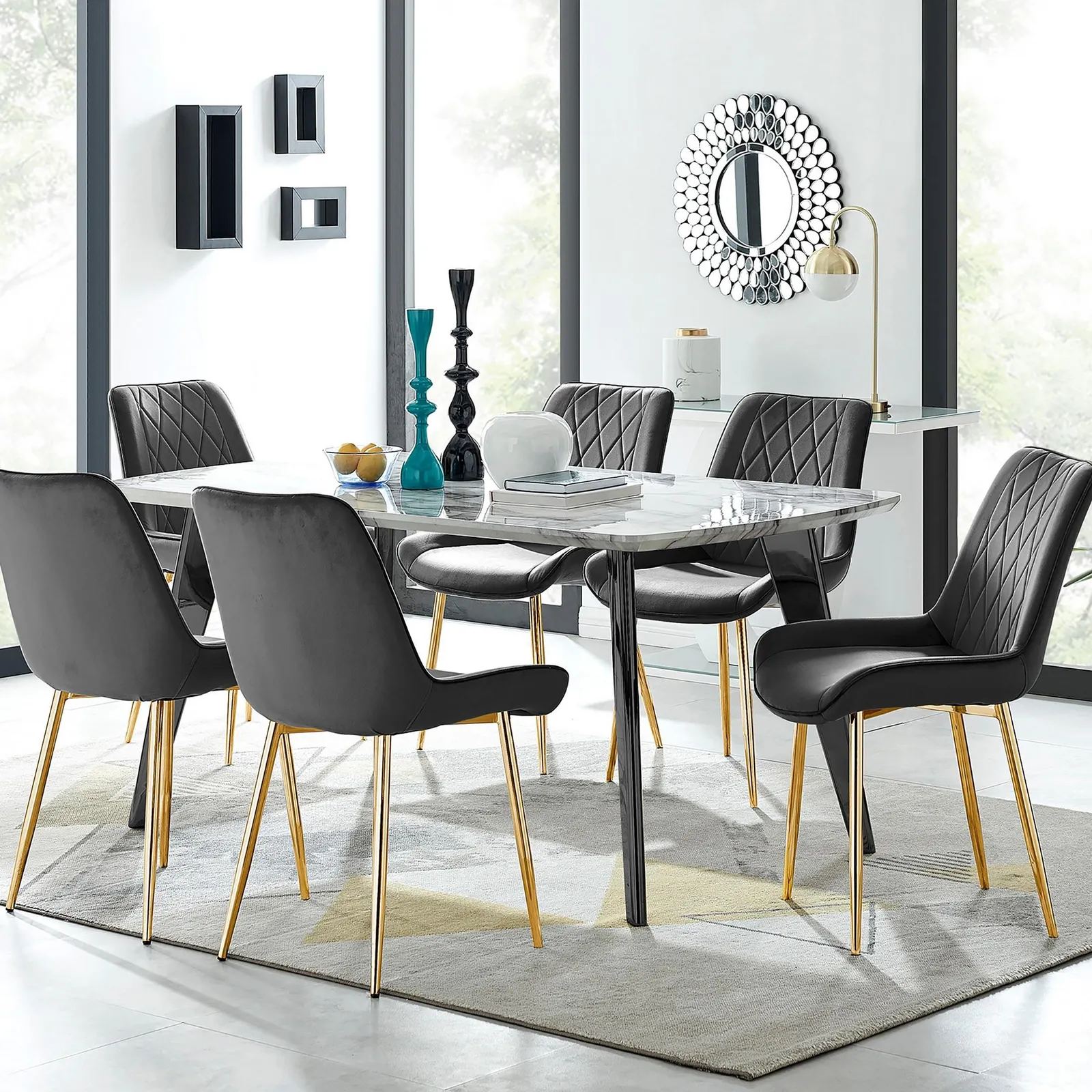 FurnitureboxUK Andria Marble Effect Dining Table With Black Legs & 6 Pesaro Velvet Gold Leg Chairs 1